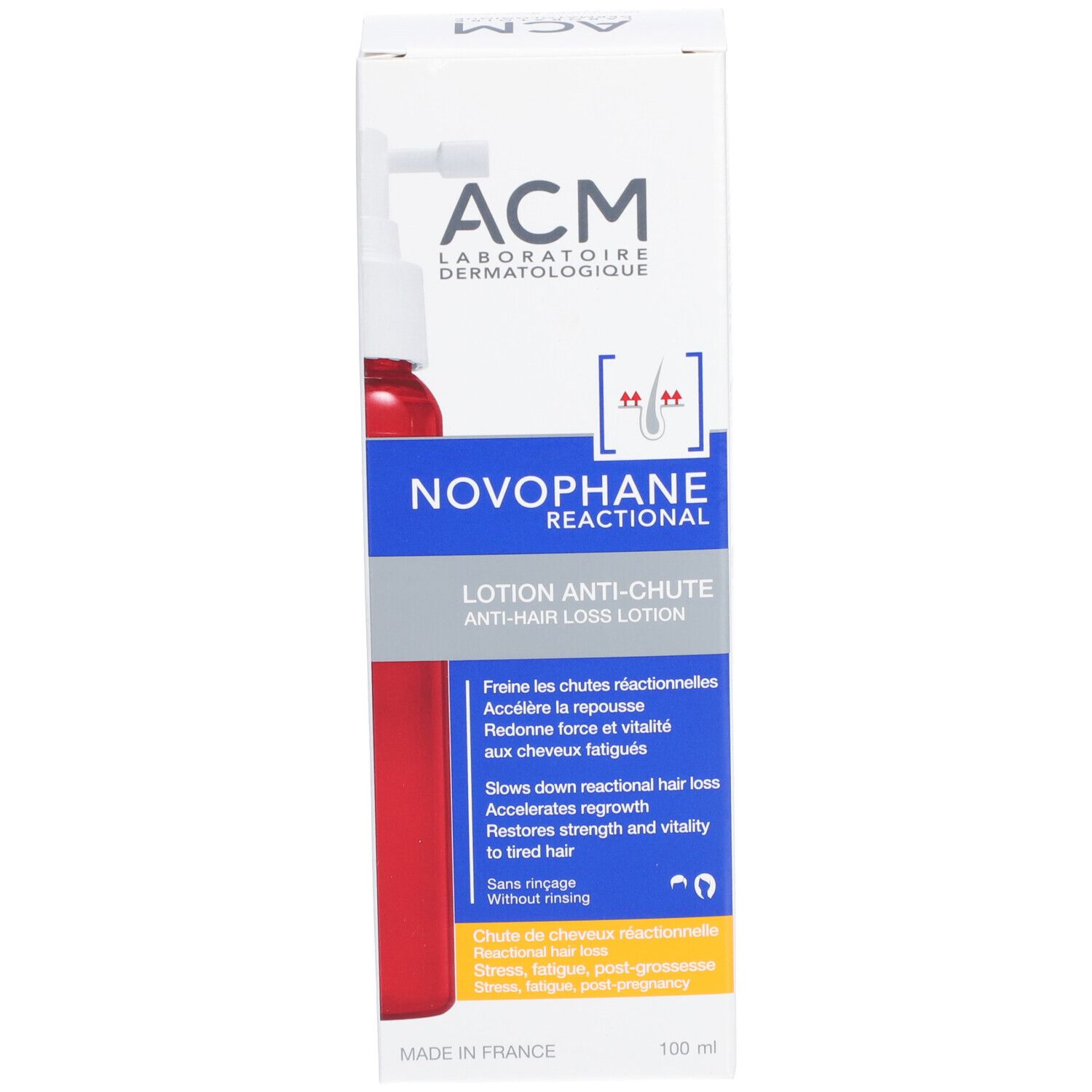 Produktverpackung mit Flasche und Karton. Aufschrift: ACM, Novophane Reactional Lotion Anti-chute. 100ml.