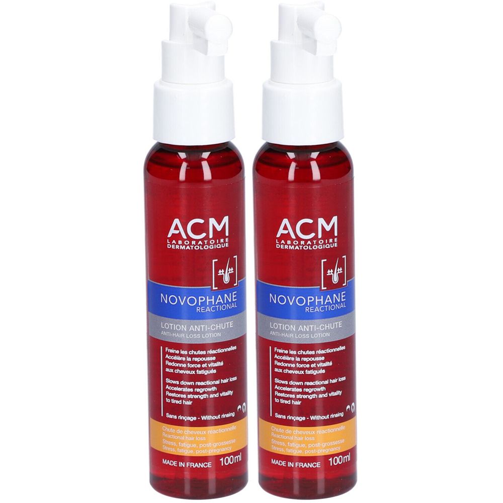 Zwei rote Flaschen mit weißem Sprühkopf. Aufschrift: ACM, Novophane Reactional Lotion Anti-chute. 100ml.