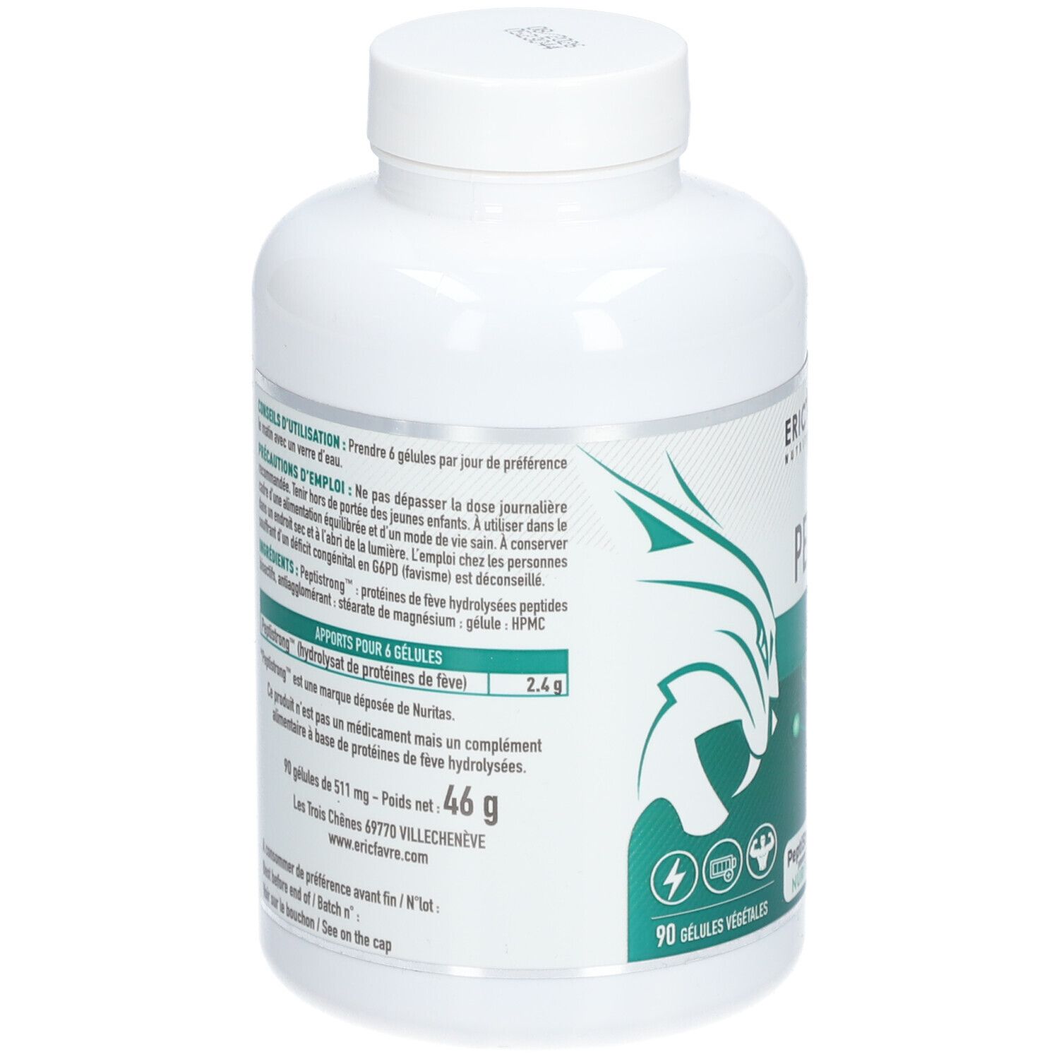Dos du flacon blanc. Informations textuelles, ingrédients, valeurs nutritionnelles. 90 gélules. Étiquette verte et blanche.