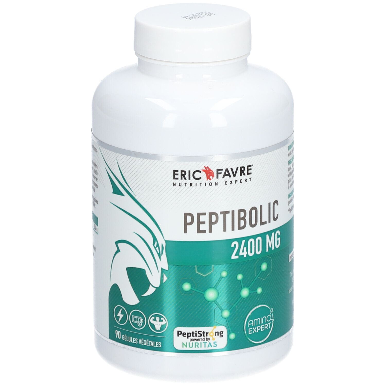Flacon blanc "ERIC FAVRE Peptibolic 2400 MG". Contient 90 gélules. Étiquette verte et blanche.