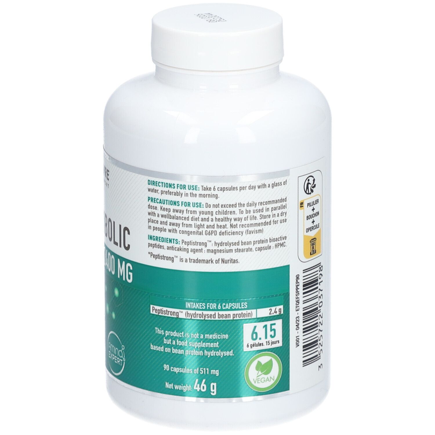 Flacon blanc. "ERIC FAVRE Peptibolic 2400 MG". 90 gélules. Informations textuelles. Étiquette verte et blanche.