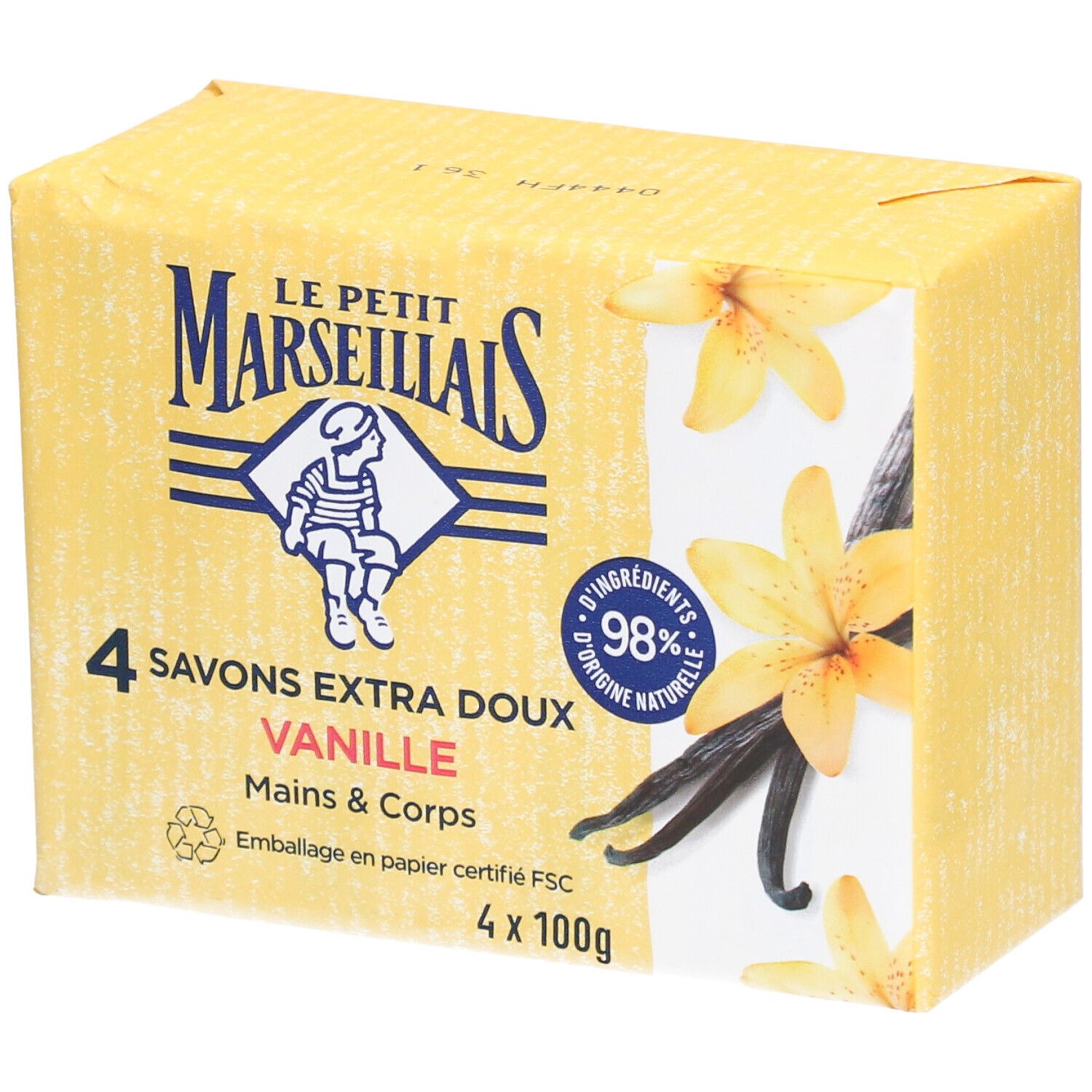 Emballage jaune avec logo et texte. 4 savons Extra Doux Vanille. Certification FSC.