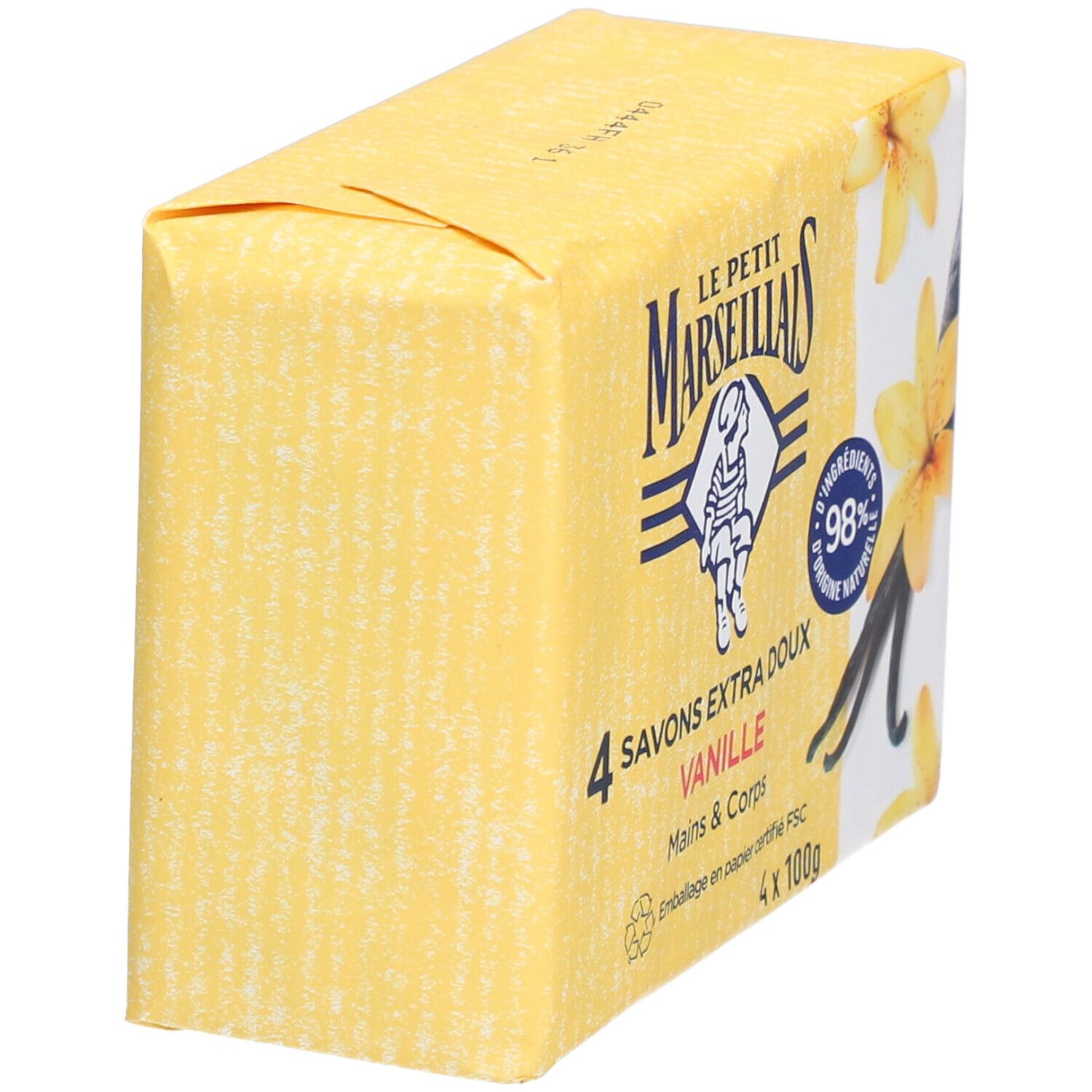 Emballage de savon jaune avec logo et texte. 4 savons Extra Doux Vanille.