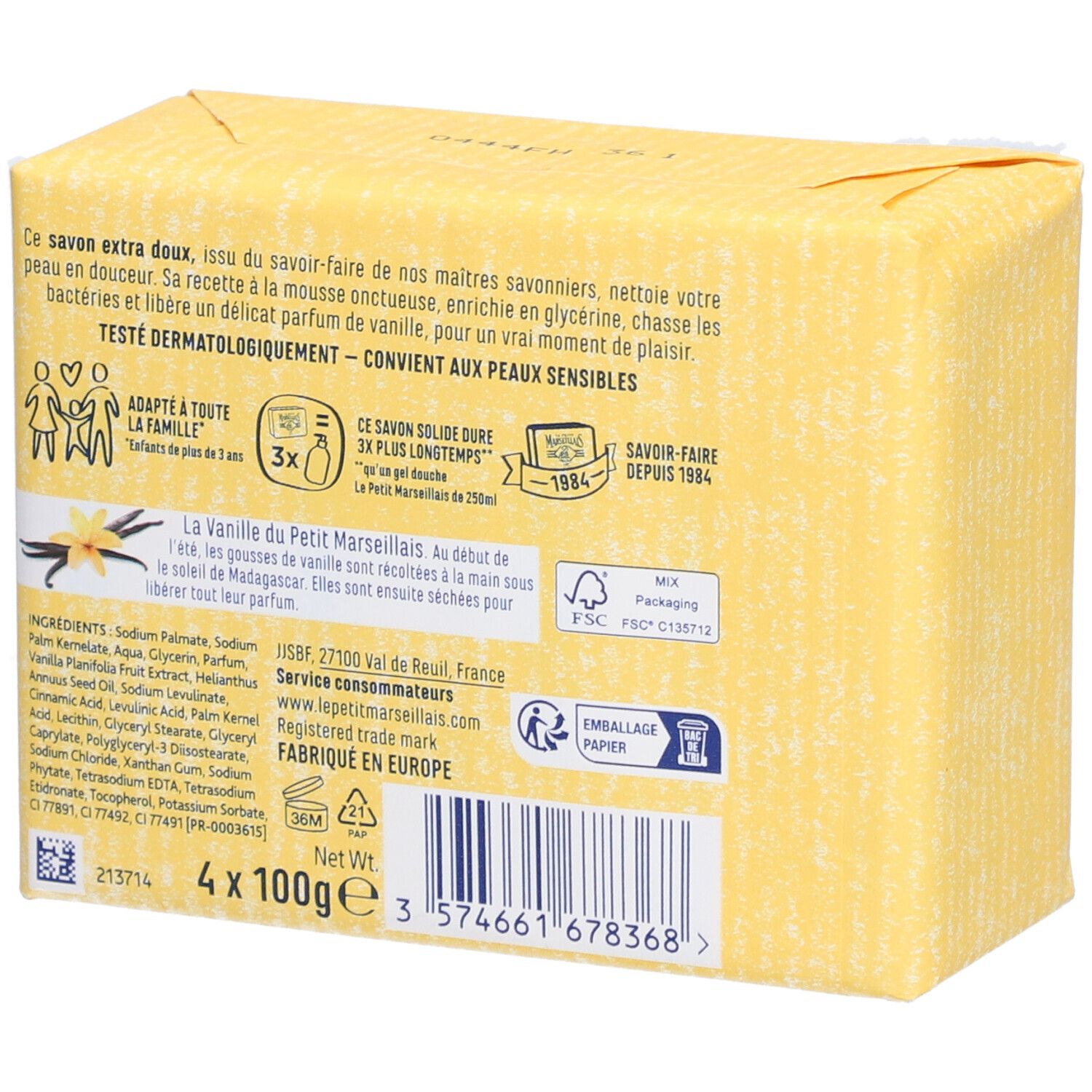 Dos de l'emballage de savon. Texte en français. Ingrédients, logo FSC, adresse et code-barres.