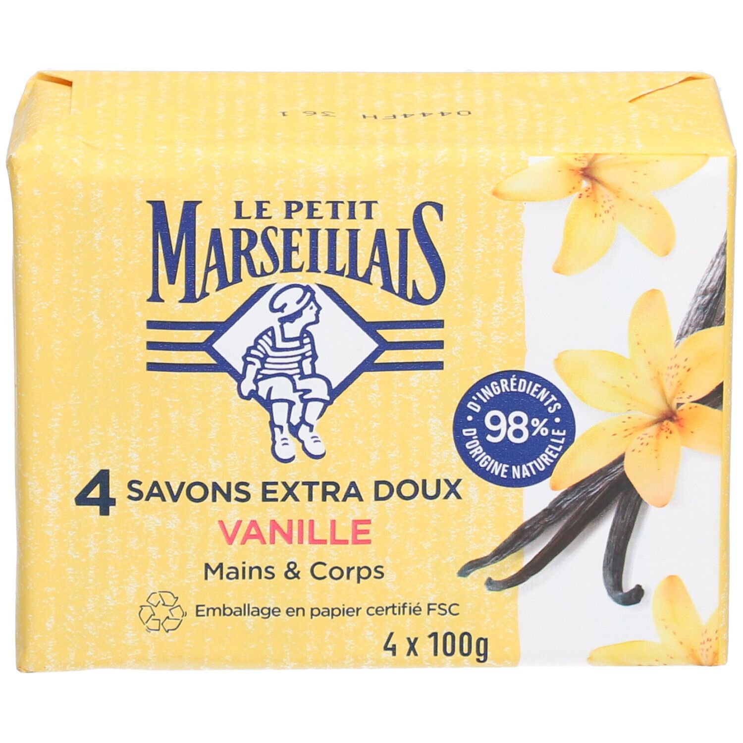 Emballage jaune avec logo et texte. 4 savons Extra Doux Vanille. Certification FSC.