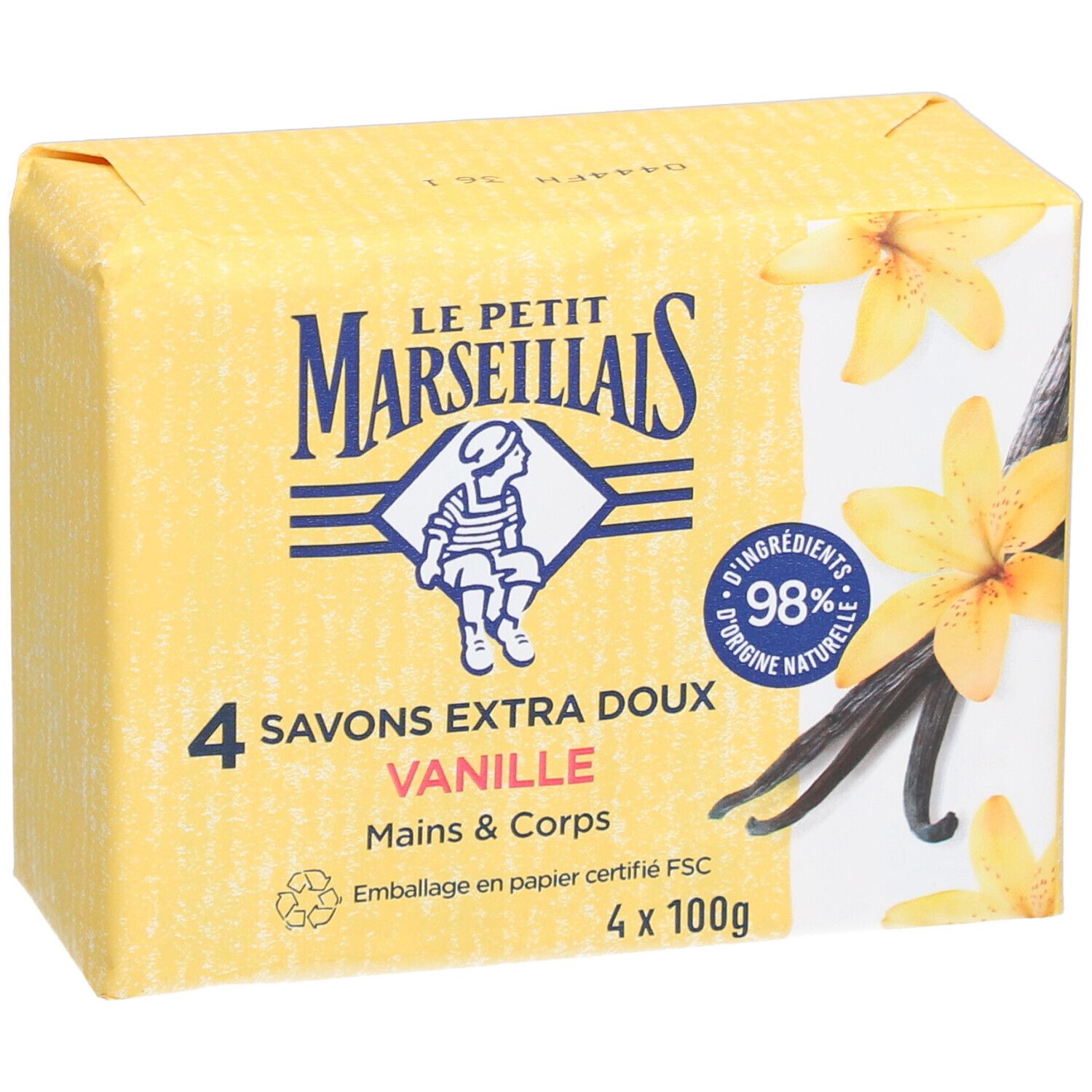 Emballage jaune avec logo et texte. 4 savons Extra Doux Vanille. Certification FSC.