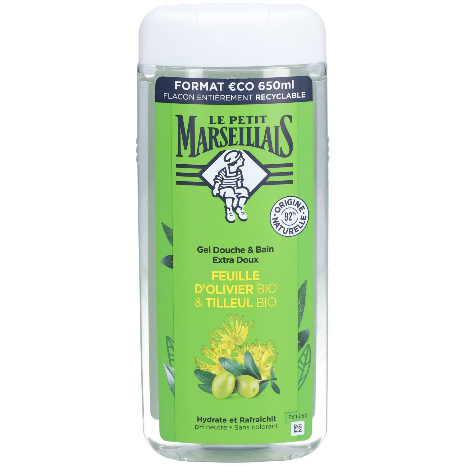 Flacon transparent avec étiquette verte. Inscription: Le Petit Marseillais, Gel Douche & Bain, Feuille D’Olivier BIO & Tilleul BIO.