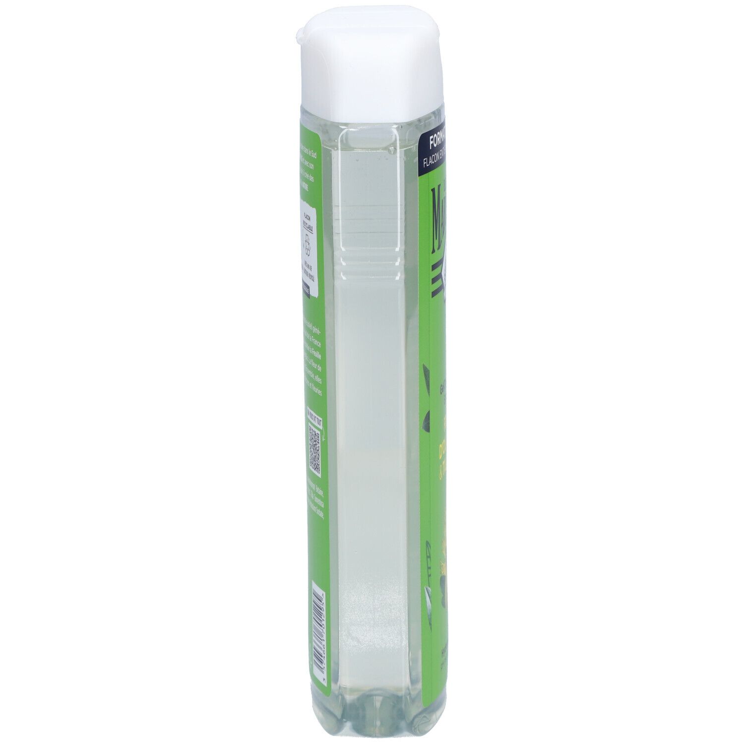 Flacon transparent avec bouchon blanc. Vue latérale avec étiquette verte. Texte illisible.