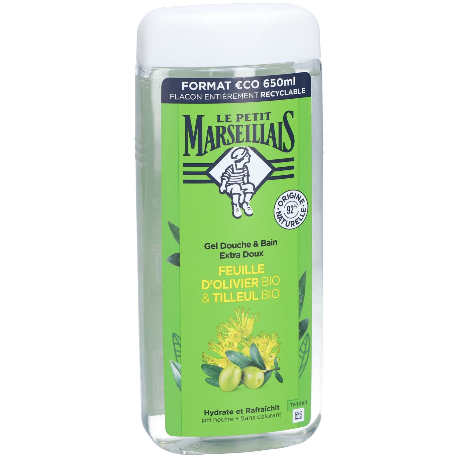 Flacon transparent avec étiquette verte. Inscription: Le Petit Marseillais, Gel Douche & Bain, Feuille D’Olivier BIO & Tilleul BIO.