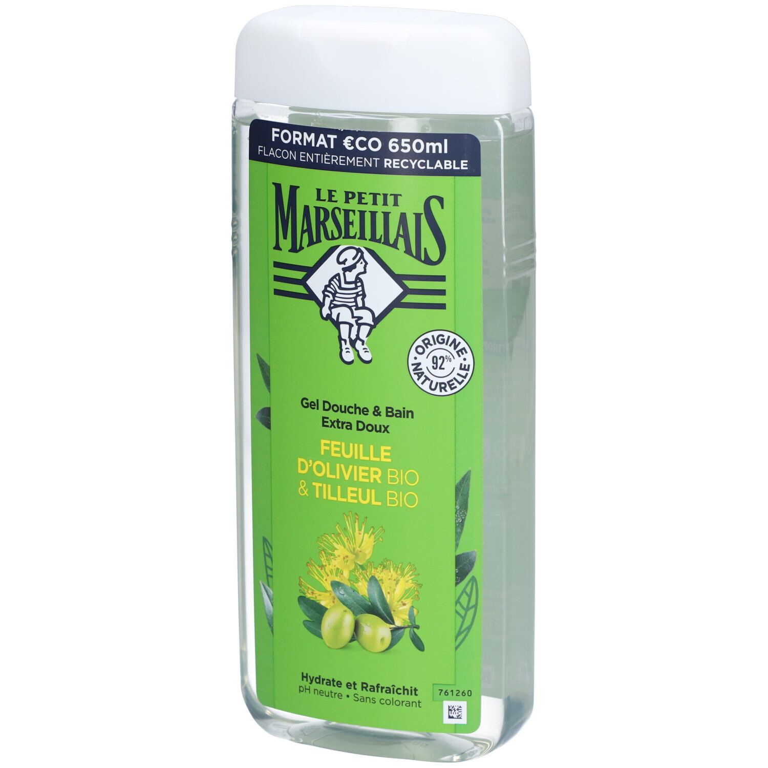 Flacon transparent avec étiquette verte. Inscription: Le Petit Marseillais, Gel Douche & Bain, Feuille D’Olivier BIO & Tilleul BIO.