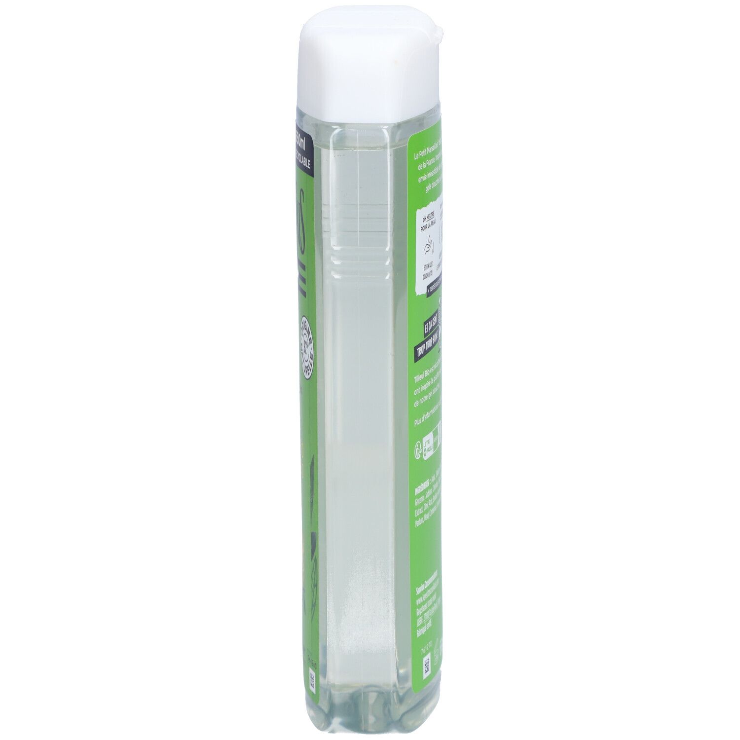 Flacon transparent avec bouchon blanc. Vue latérale avec étiquette verte. Texte illisible.