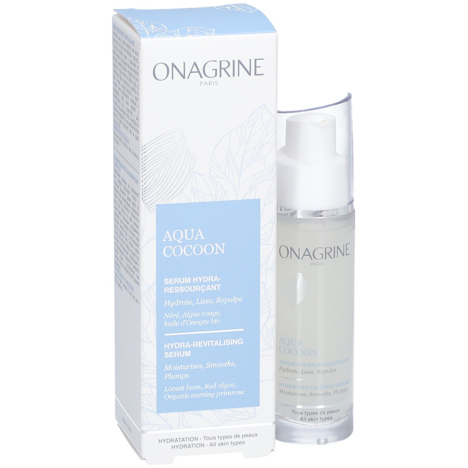 Sérum Onagrine Aqua Cocoon et emballage. Flacon pompe, liquide vert clair. Emballage avec informations produit.