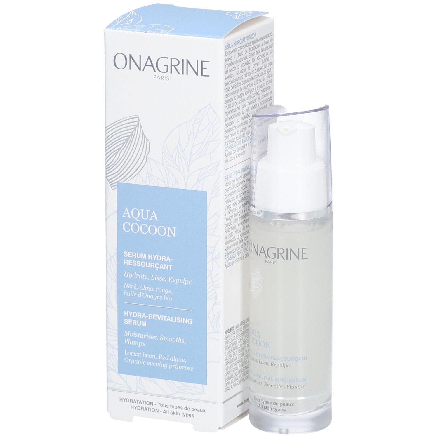 Sérum Onagrine Aqua Cocoon et emballage. Flacon pompe, liquide vert clair. Emballage avec informations produit.