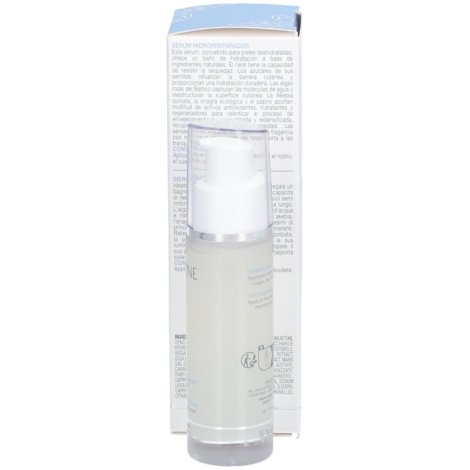 Dos de l'emballage du sérum Onagrine Aqua Cocoon. Texte multilingue. Informations produit et utilisation.