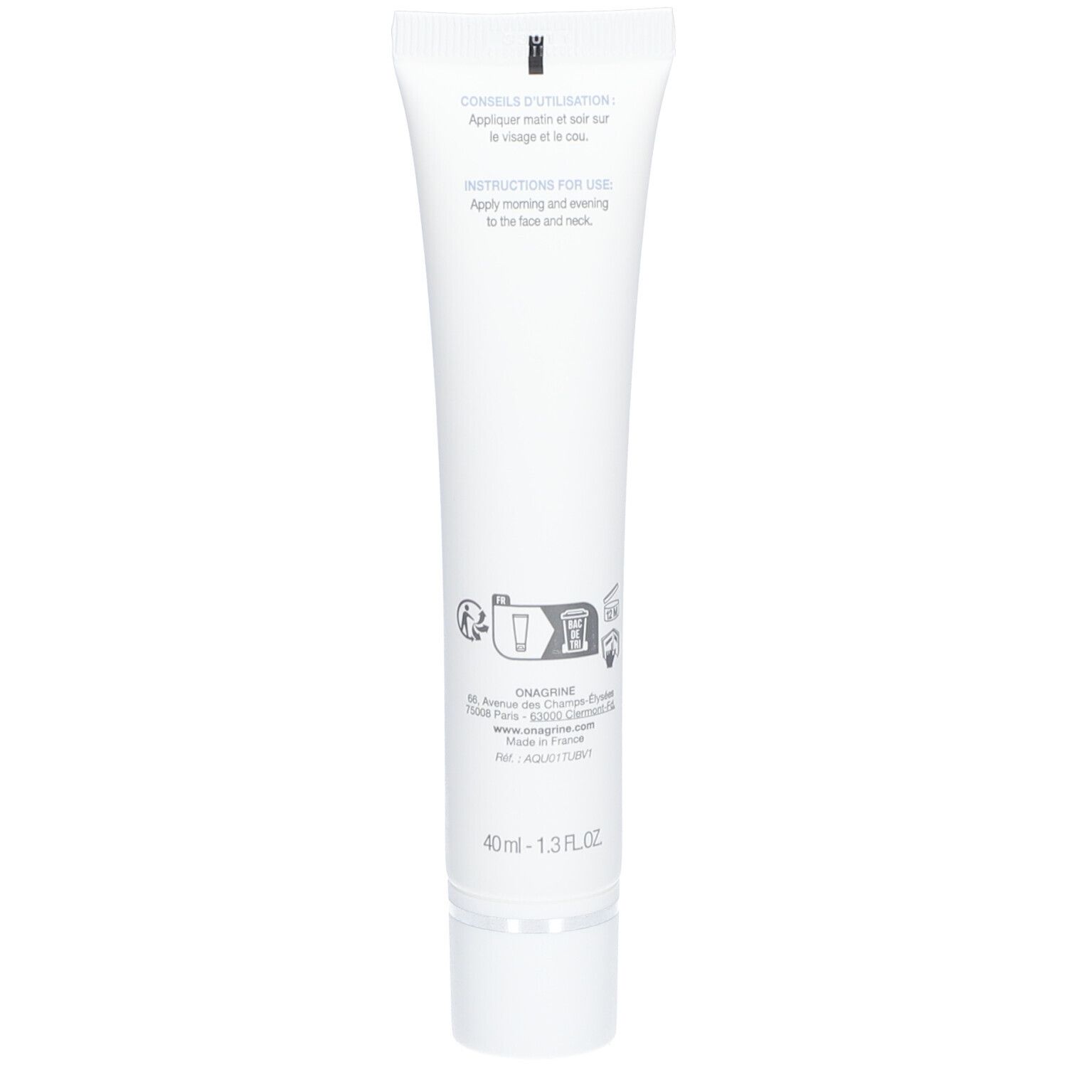 Dos du tube blanc. Conseils d'utilisation. Logo ONAGRINE. 40ml - 1.3 fl.oz. Fabriqué en France.