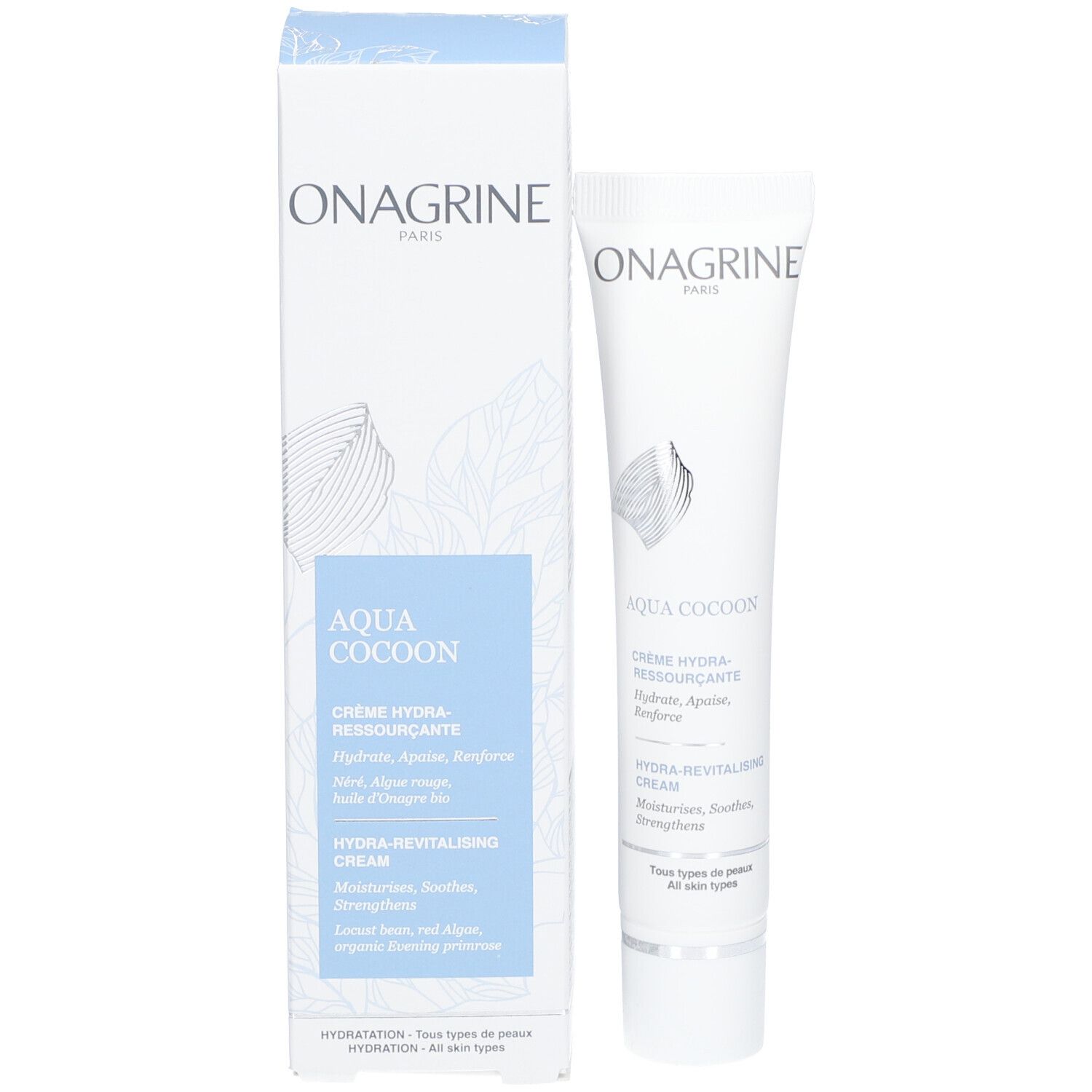 Emballage du produit avec tube et boîte. Boîte avec ONAGRINE PARIS. Aqua Cocoon Crème Hydra-Ressourçante. Hydra Revitalising Cream.
