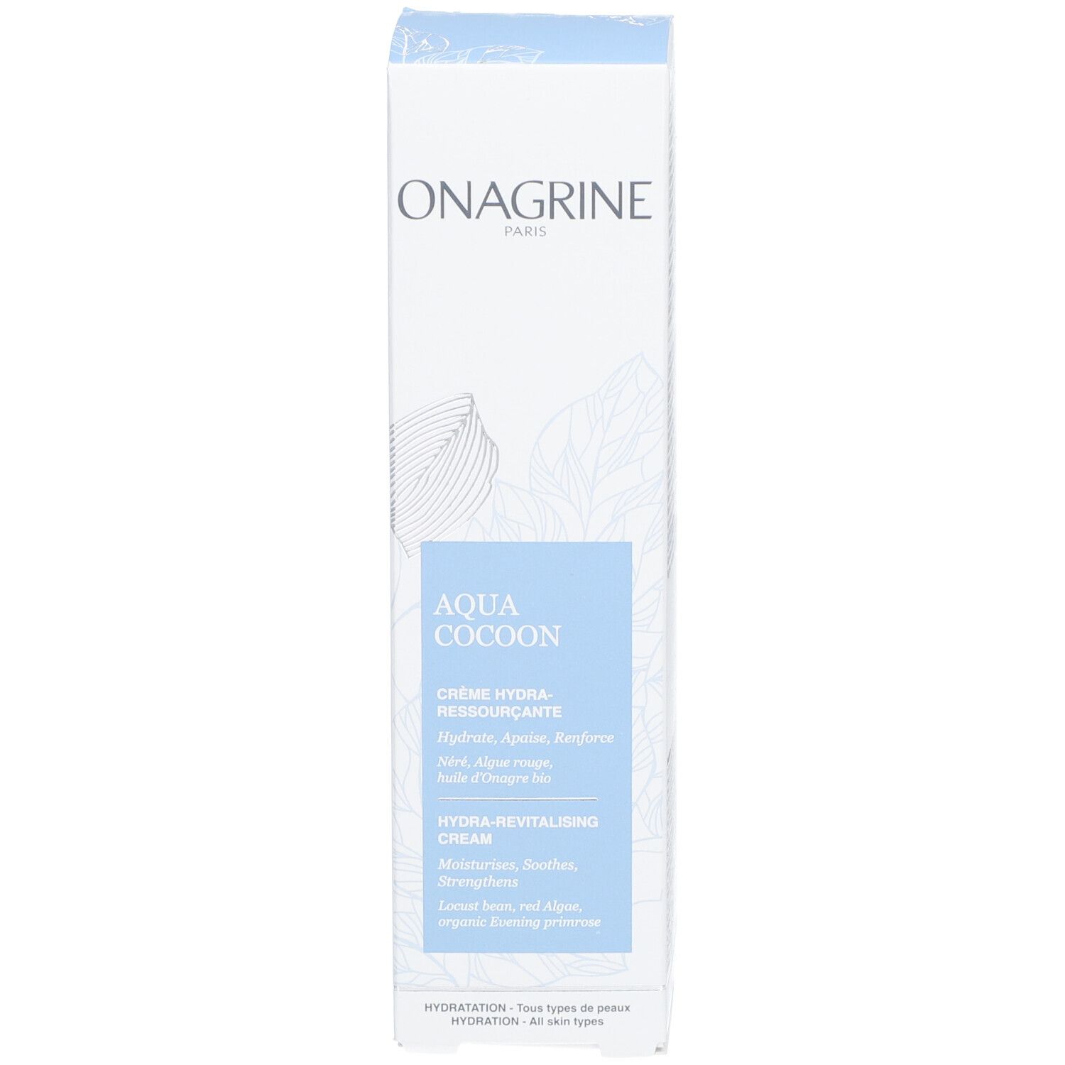 Boîte bleue avec ONAGRINE PARIS. Aqua Cocoon Crème Hydra-Ressourçante. Hydra Revitalising Cream. Tous types de peaux.