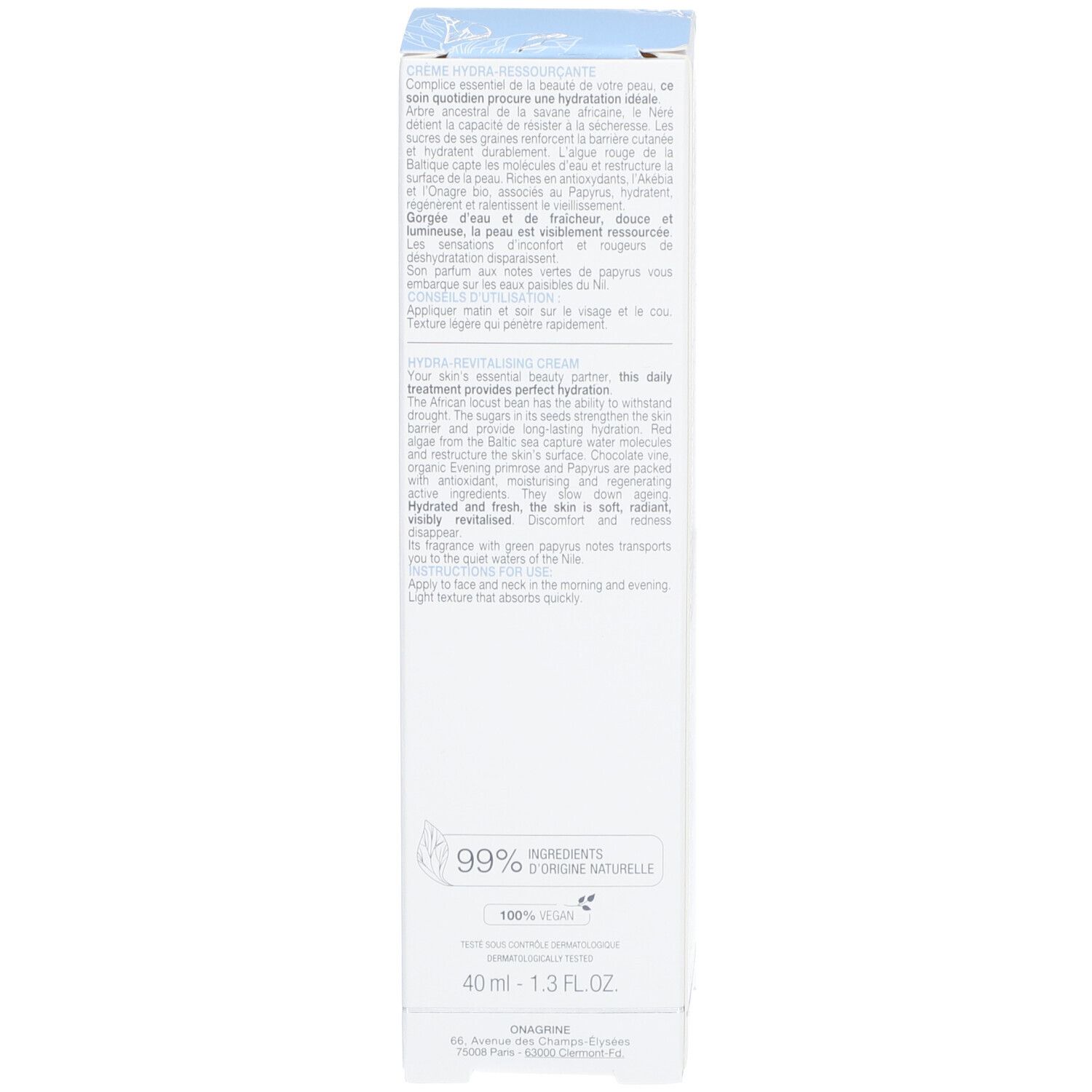Côté de la boîte bleue. Texte sur la crème. 99% ingrédients d'origine naturelle. 40 ml - 1.3 fl.oz.