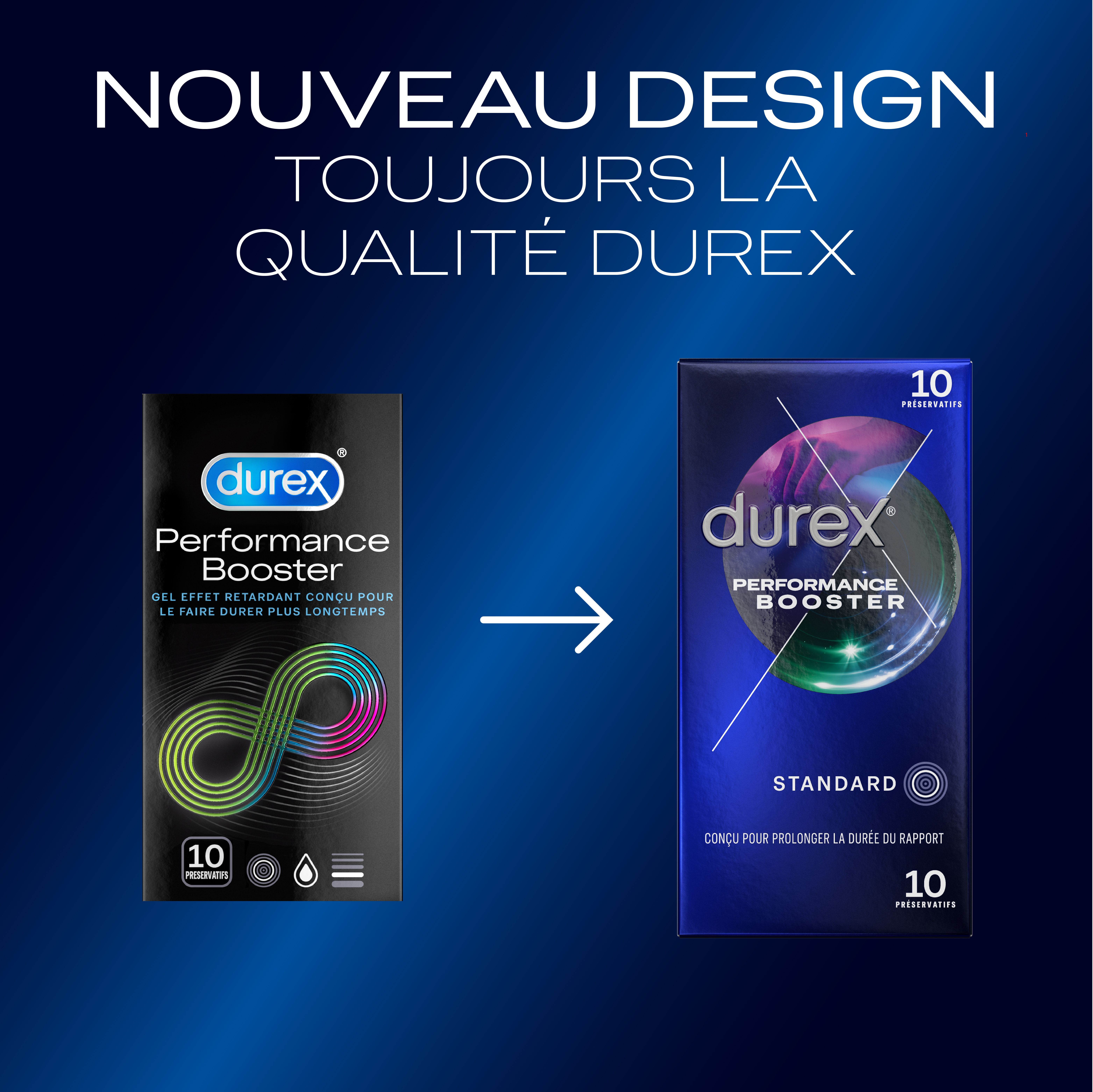 Comparaison des anciens et nouveaux emballages. Texte : Nouveau design, toujours la qualité Durex.