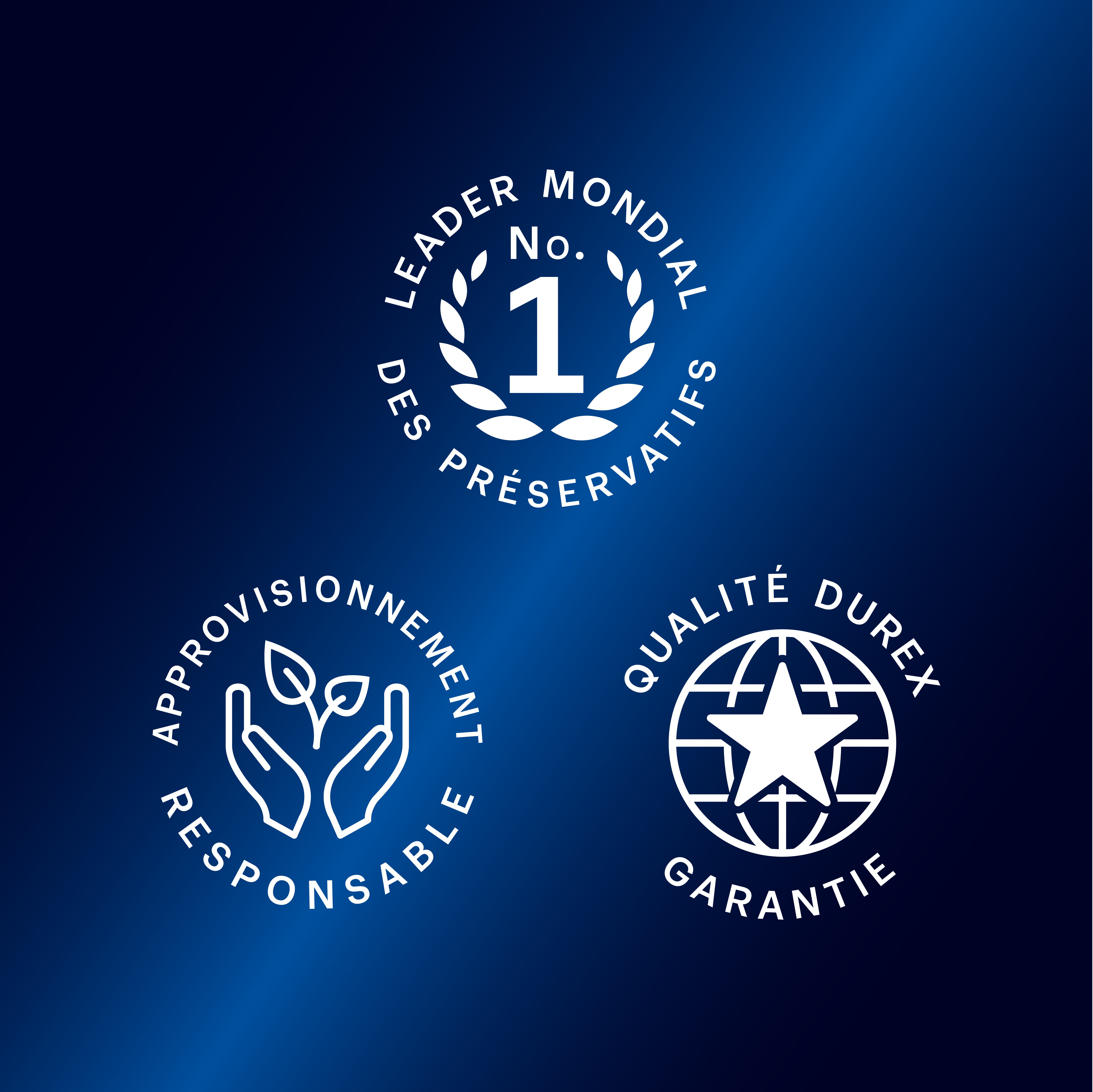 Trois logos : Leader mondial, approvisionnement responsable, garantie de qualité Durex.