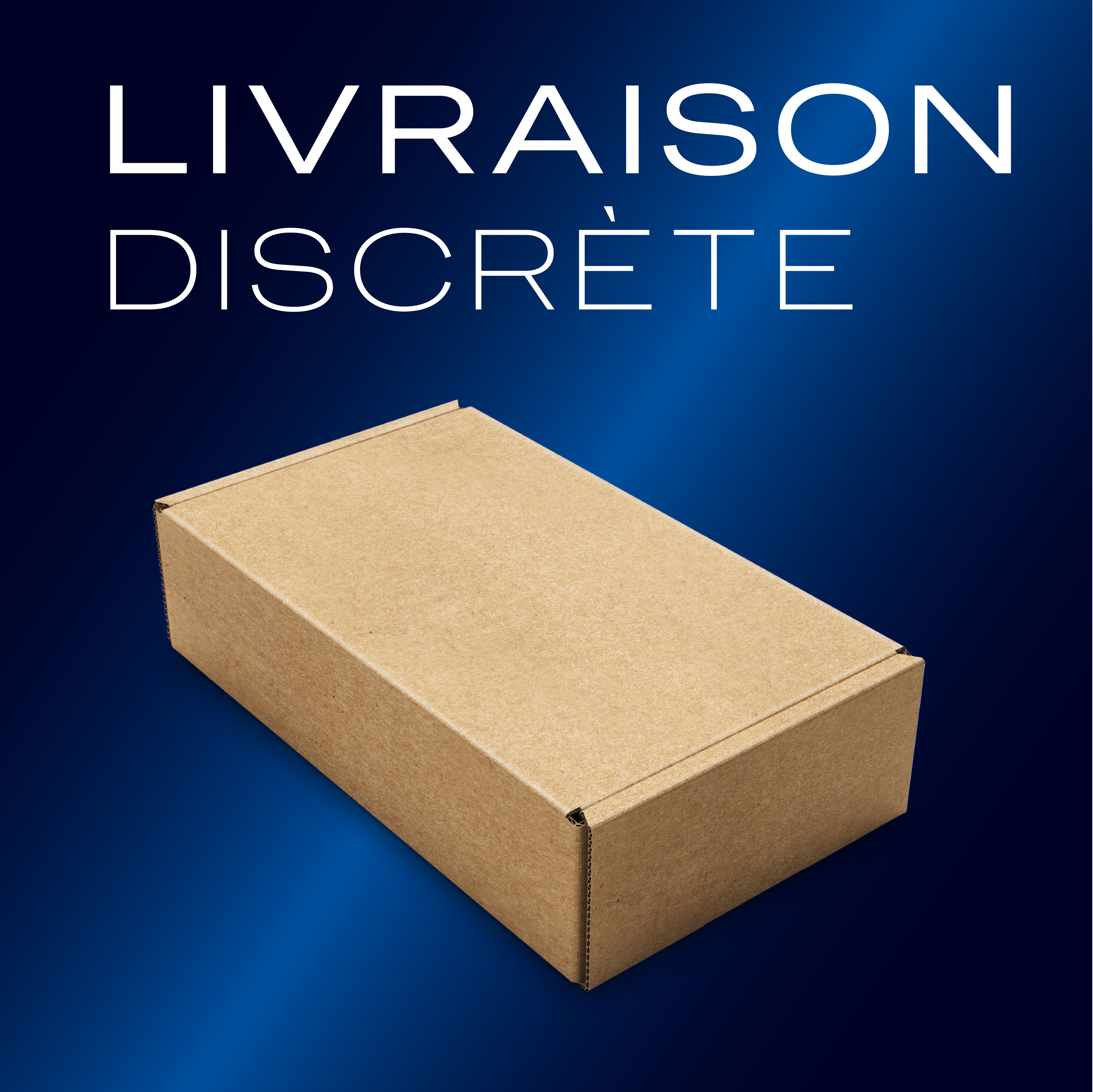 Carton d'expédition brun. Texte : Livraison discrète.
