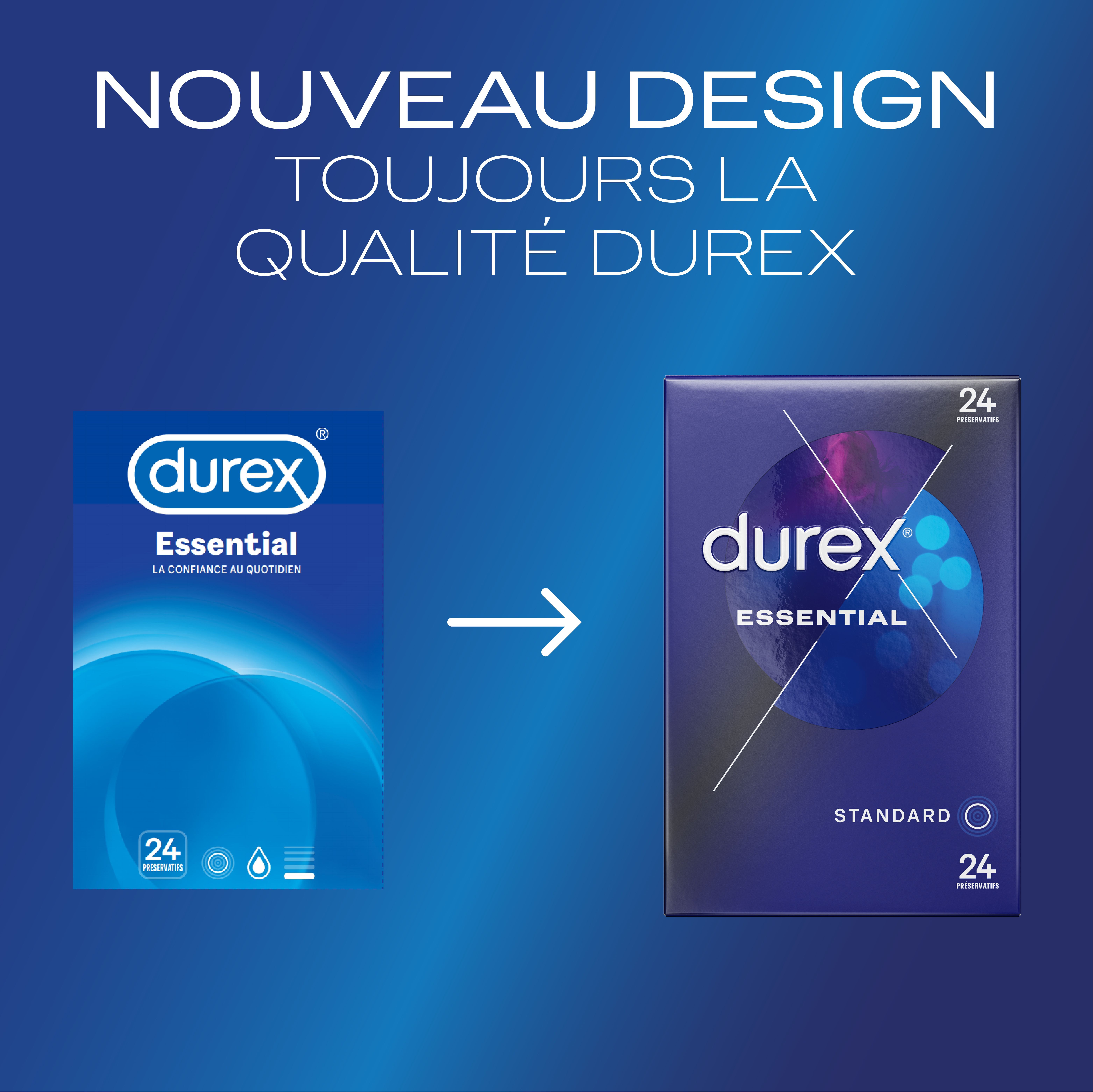 Comparaison des emballages: ancienne et nouvelle boîte Durex Essential.