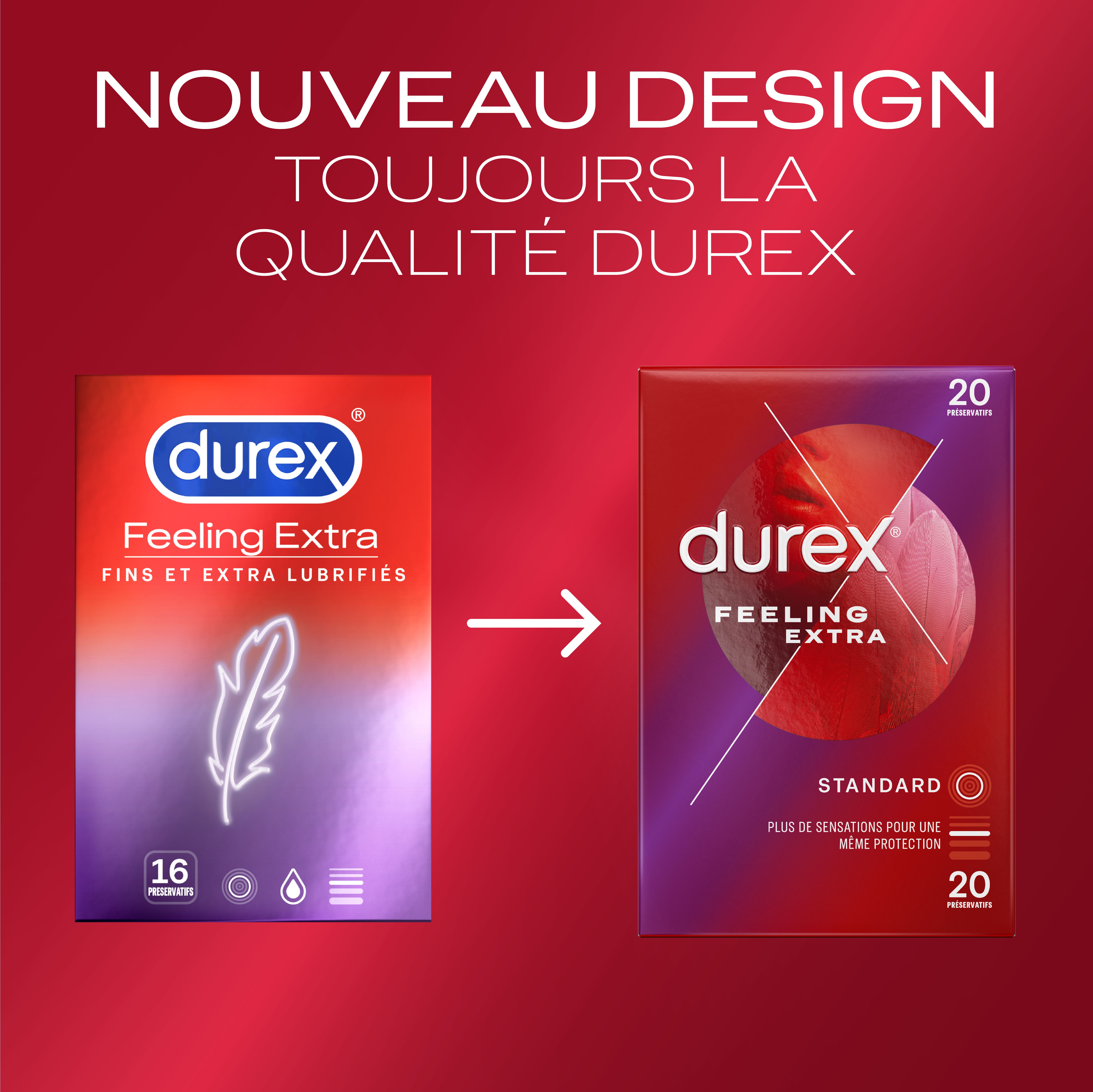 Comparaison d'emballages de préservatifs. Gauche: 16 pièces. Droite: 20 pièces. Texte: Nouveau design, toujours la qualité Durex.