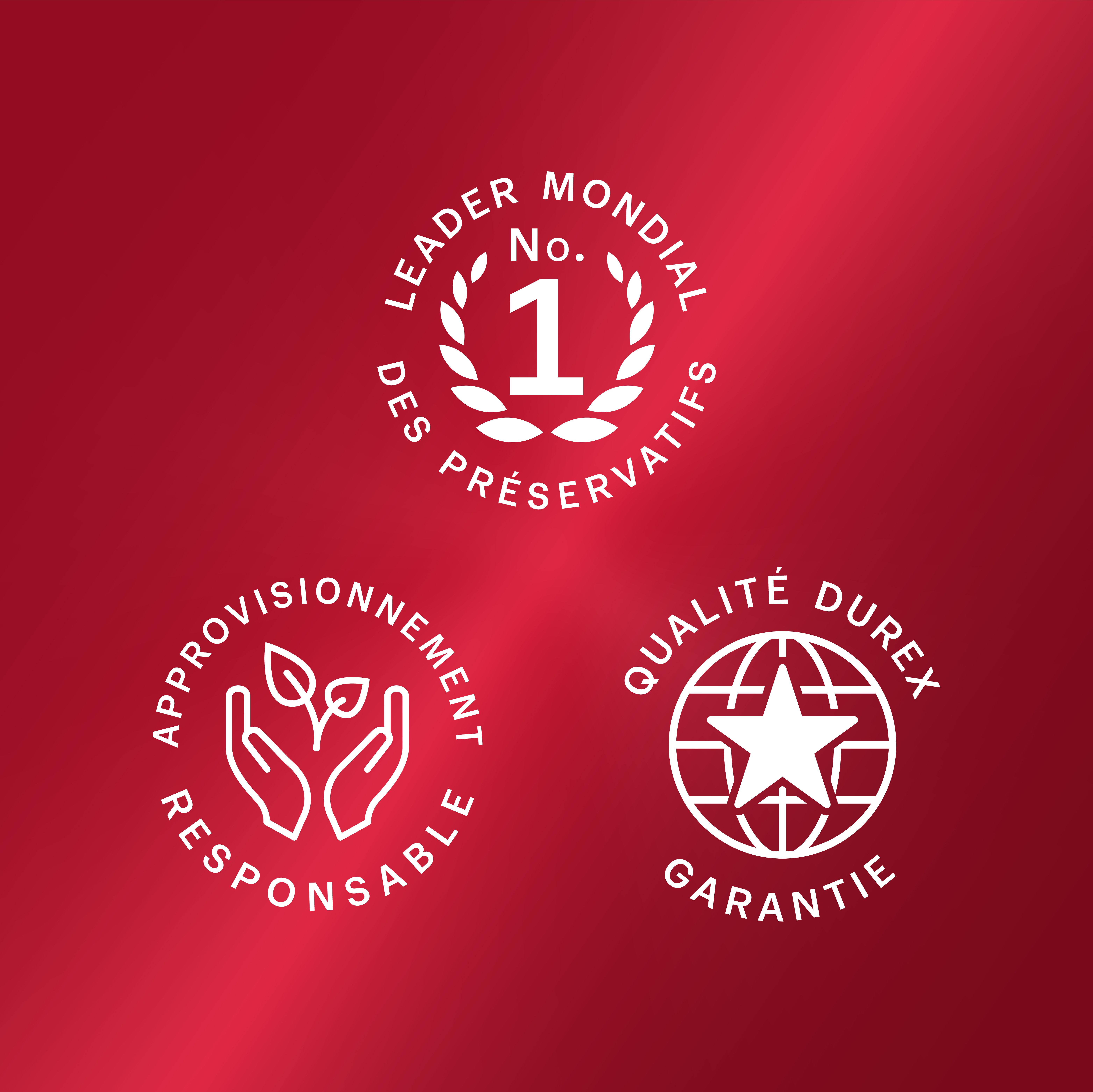Trois logos sur fond rouge. Leader mondial, Approvisionnement responsable, Qualité Durex garantie.