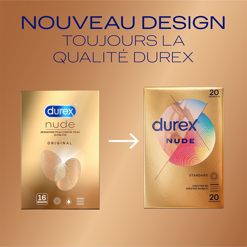 Comparaison d'emballages de préservatifs : paquet de 16 à paquet de 20. Texte : Nouveau design, toujours la qualité Durex.