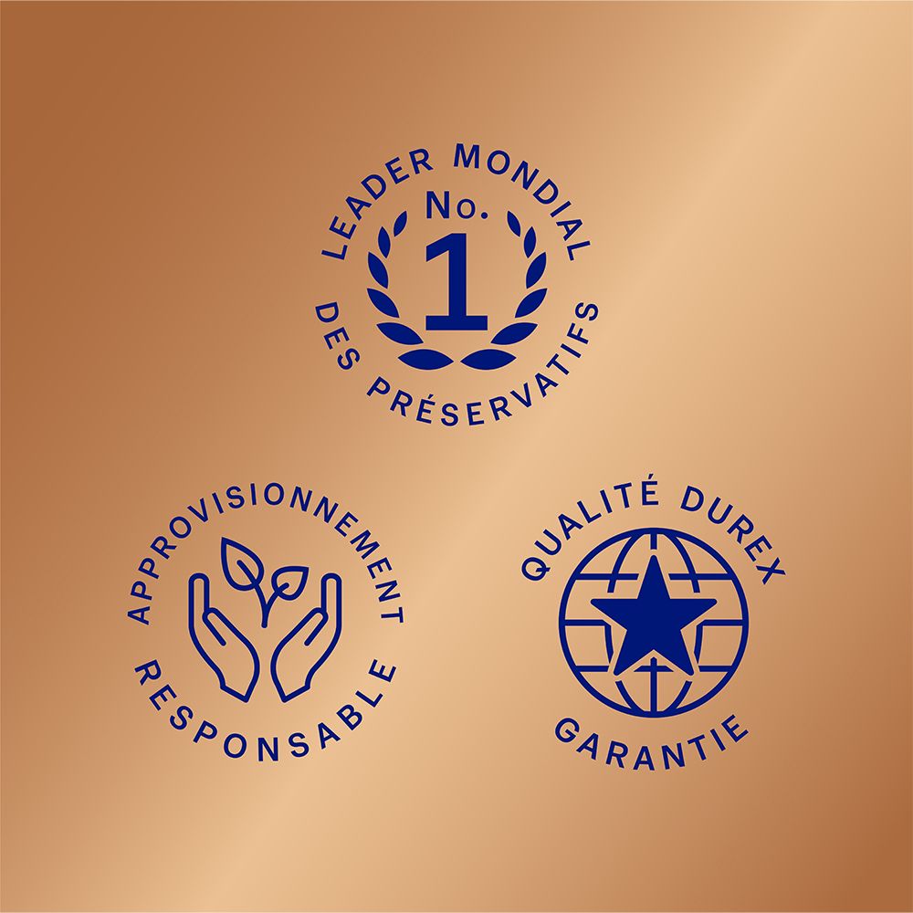 Trois logos : leader mondial, approvisionnement responsable, qualité Durex.