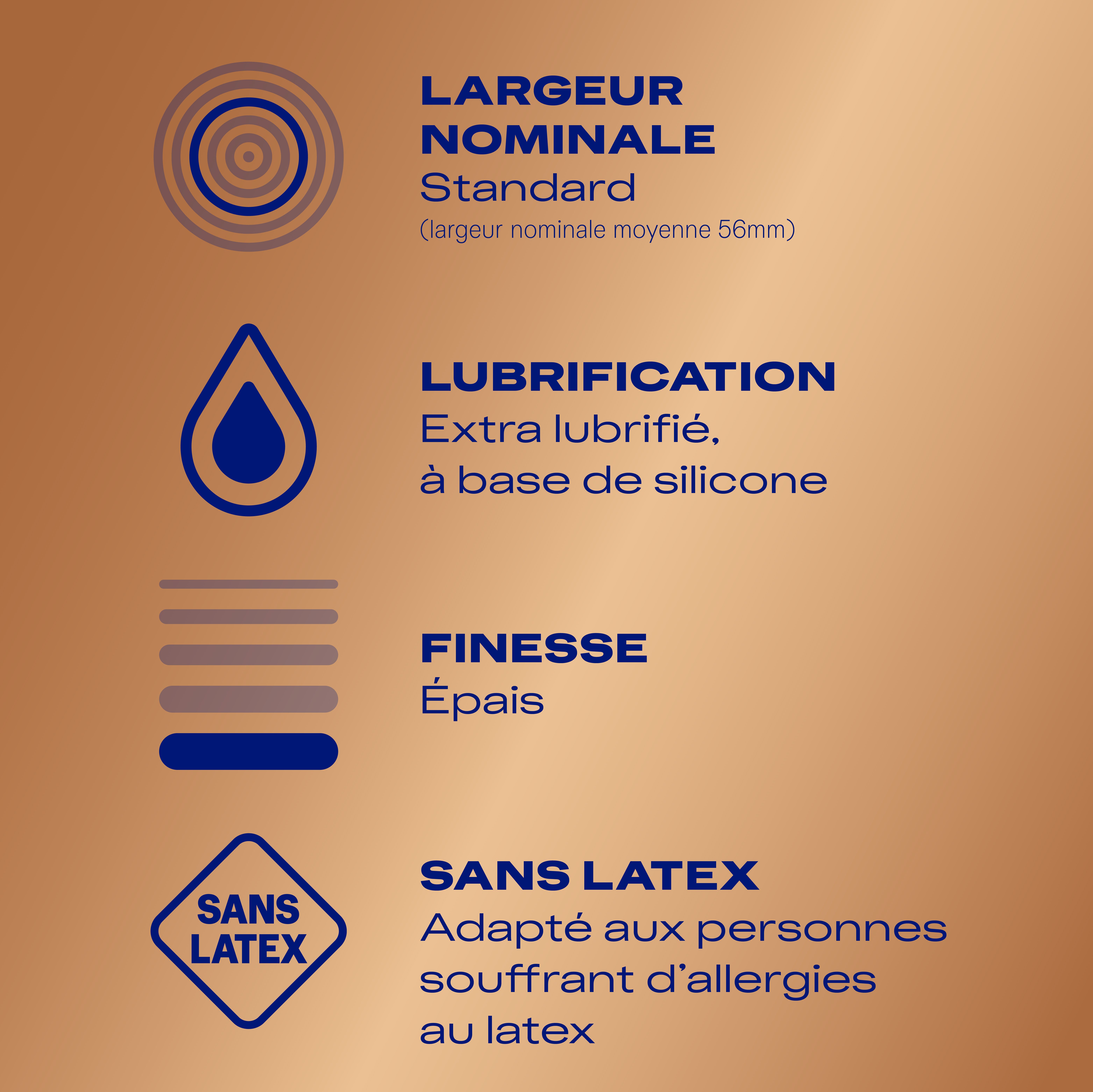 Informations sur la taille, la lubrification et le matériau. Texte: Sans latex, Extra lubrifié, Épais, Standard.