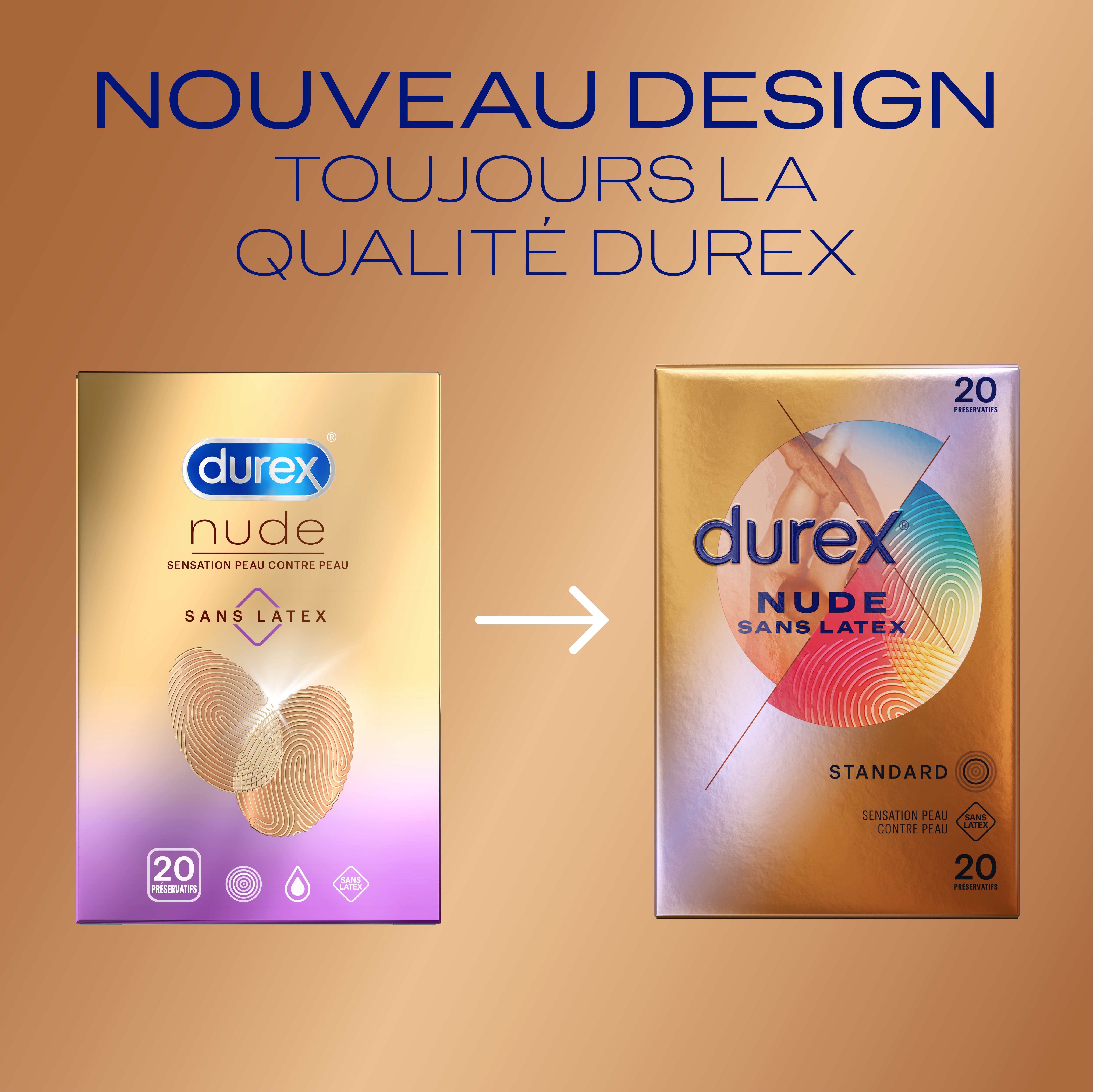 Paquets de préservatifs. Texte: Nouveau design, toujours la qualité Durex, Durex Nude Sans Latex.