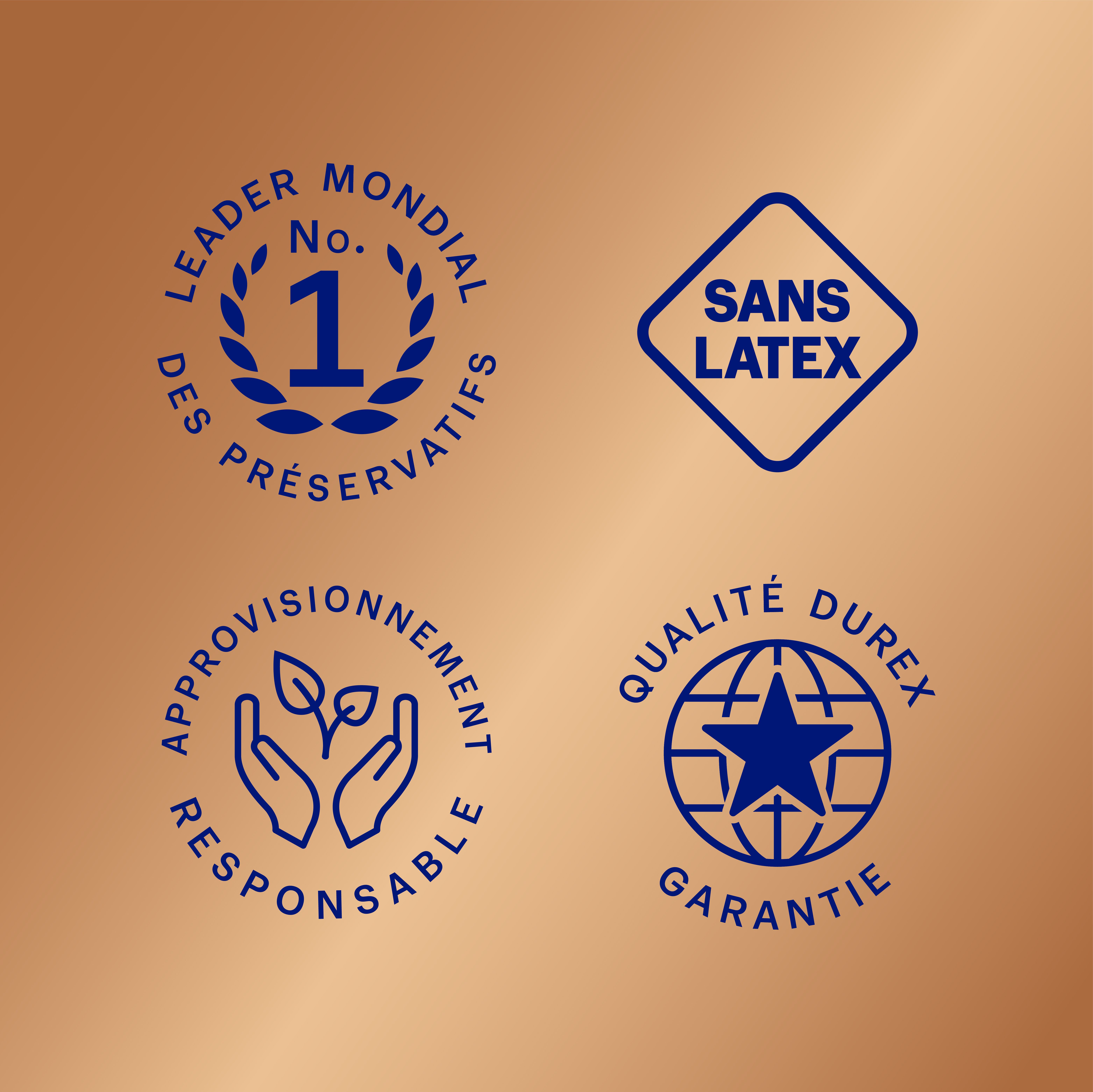 Logos et labels de qualité. Texte: Leader mondial, Sans Latex, Approvisionnement responsable, Qualité Durex.