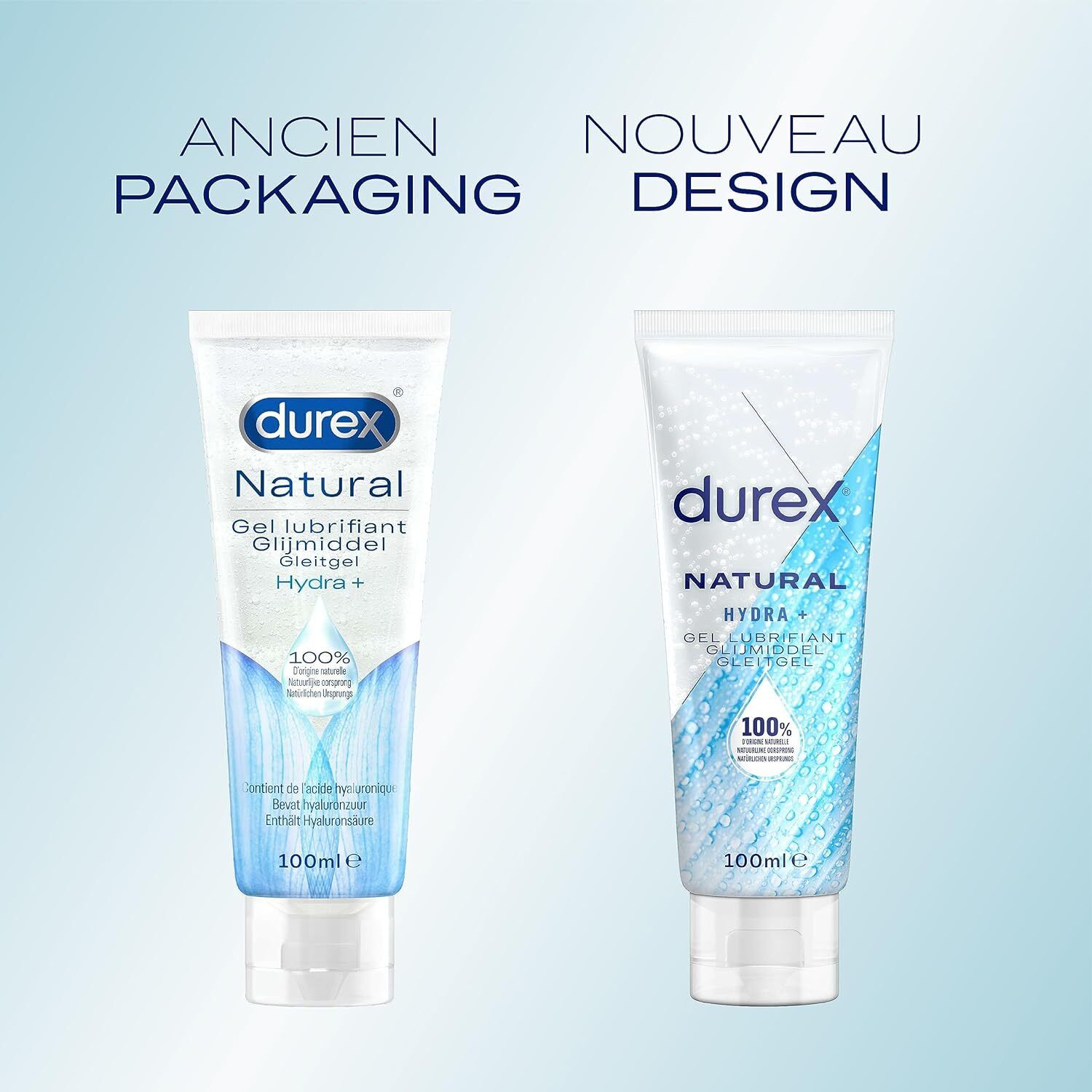 Comparaison de deux tubes. Gauche : ancien design. Droite : nouveau design. Tous deux "durex".