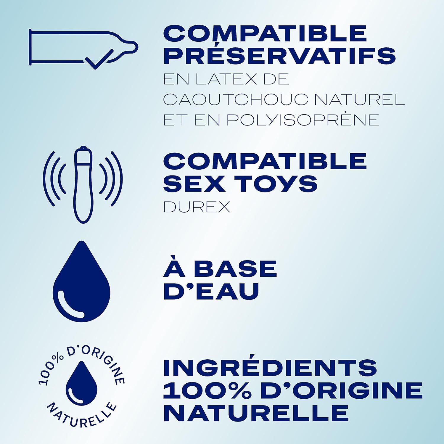 Texte avec symboles : Compatible préservatifs, sex toys et à base d'eau. Ingrédients 100% naturels.
