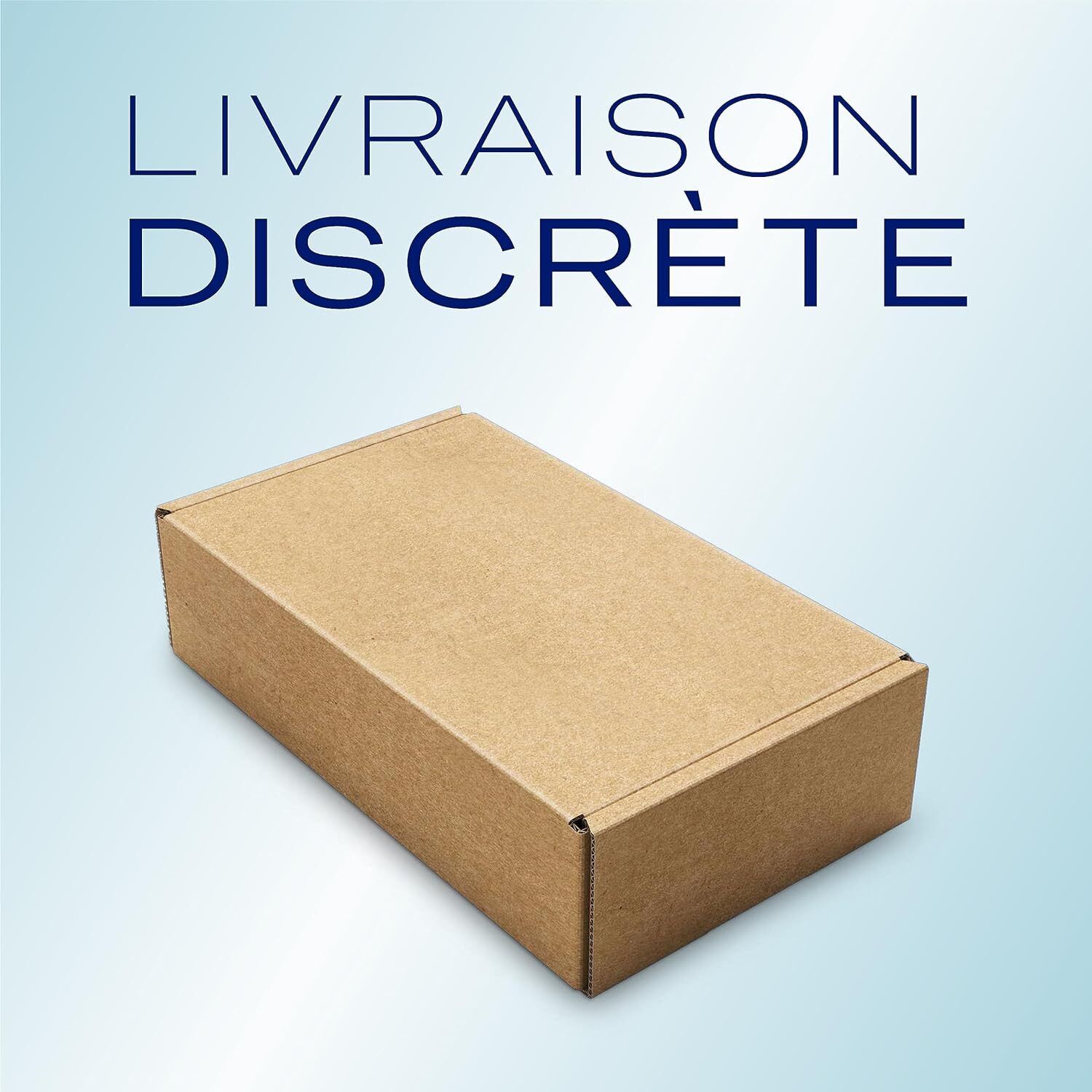 Boîte marron. Texte : Livraison discrète.