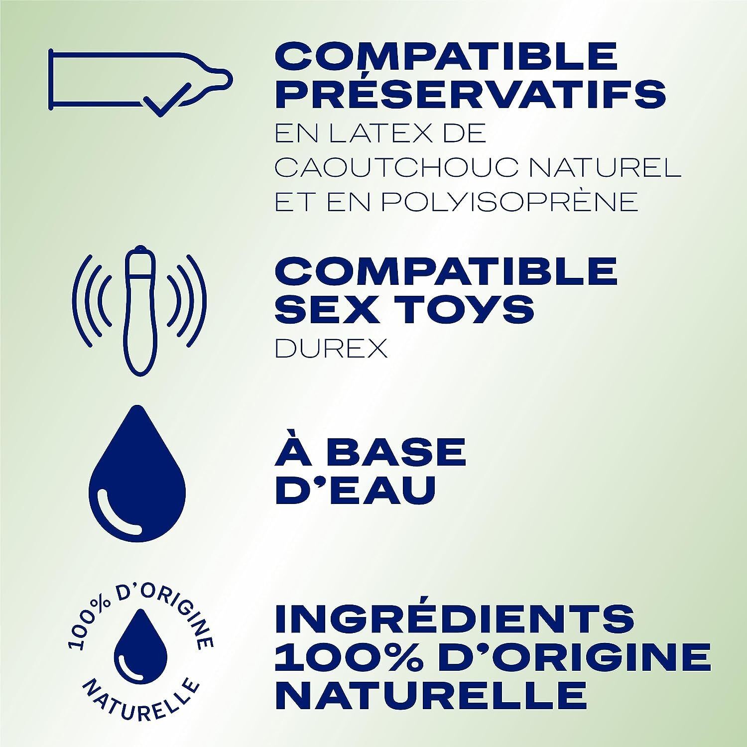 Texte avec symboles: préservatif, sex toys, goutte d'eau. Texte: Compatible préservatifs, sex toys et ingrédients.