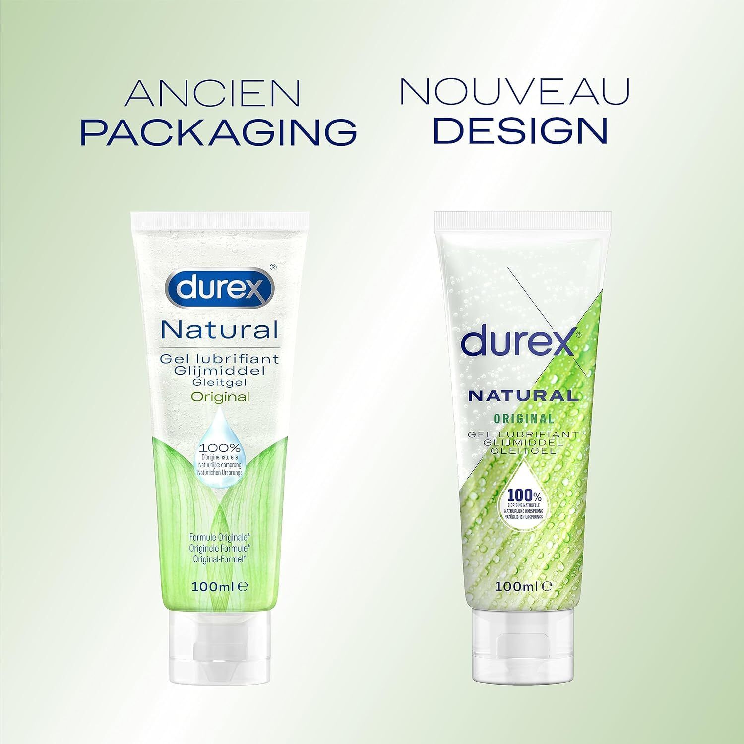 Comparaison de deux tubes. Gauche: Ancien design. Droite: Nouveau design. Les deux tubes ont du texte.
