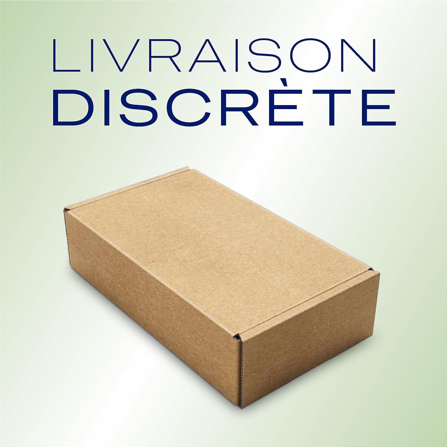 Boîte en carton marron. Texte: Livraison discrète.
