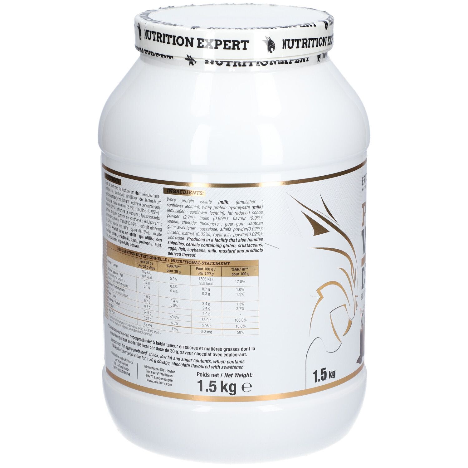 Dos du pot d'isolat protéique blanc. Inscriptions dorées et noires. Informations nutritionnelles et liste des ingrédients.