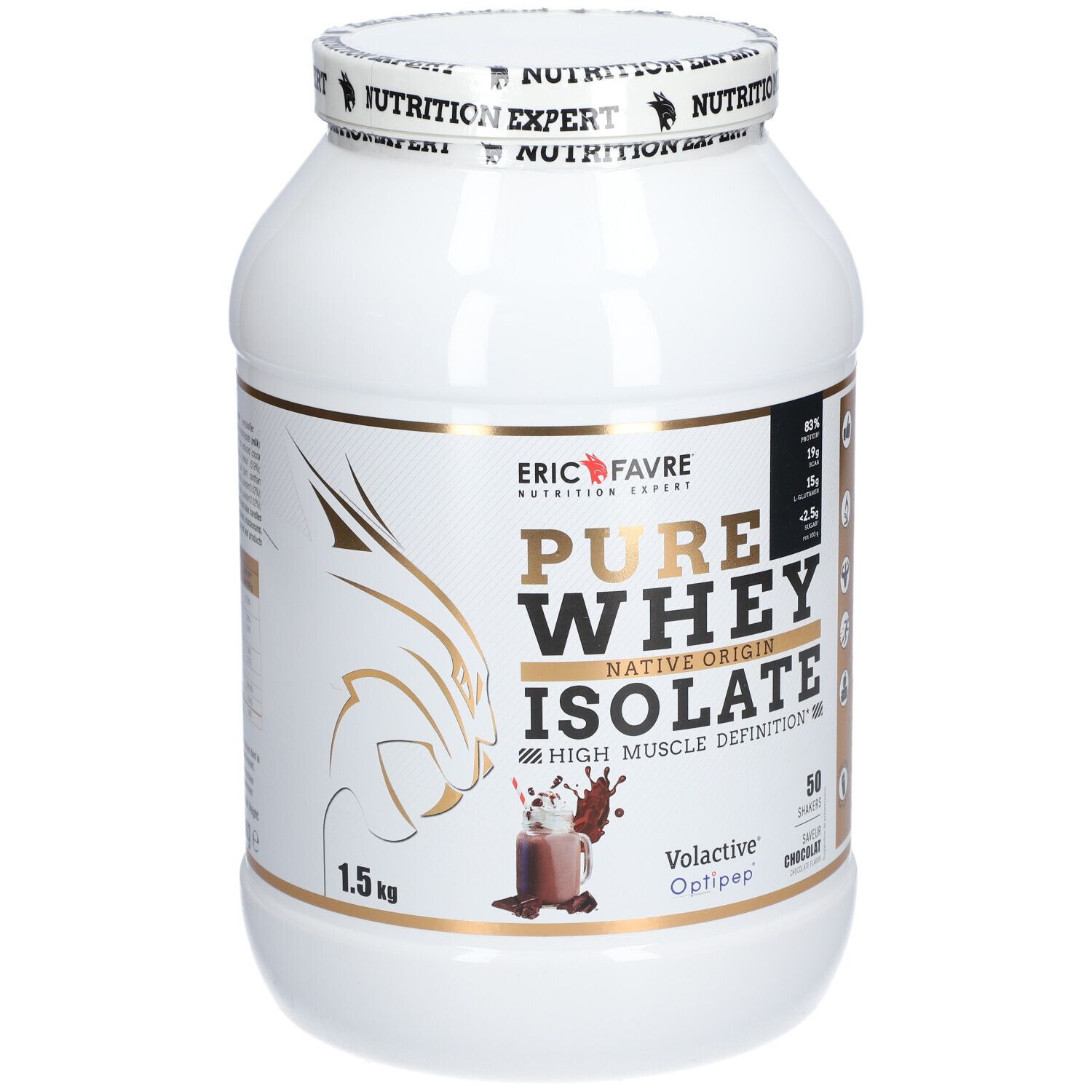 Pot de protéine isolat blanc. Inscriptions dorées et noires. "ERIC FAVRE" et "PURE WHEY ISOLATE" visibles. 1,5 kg.
