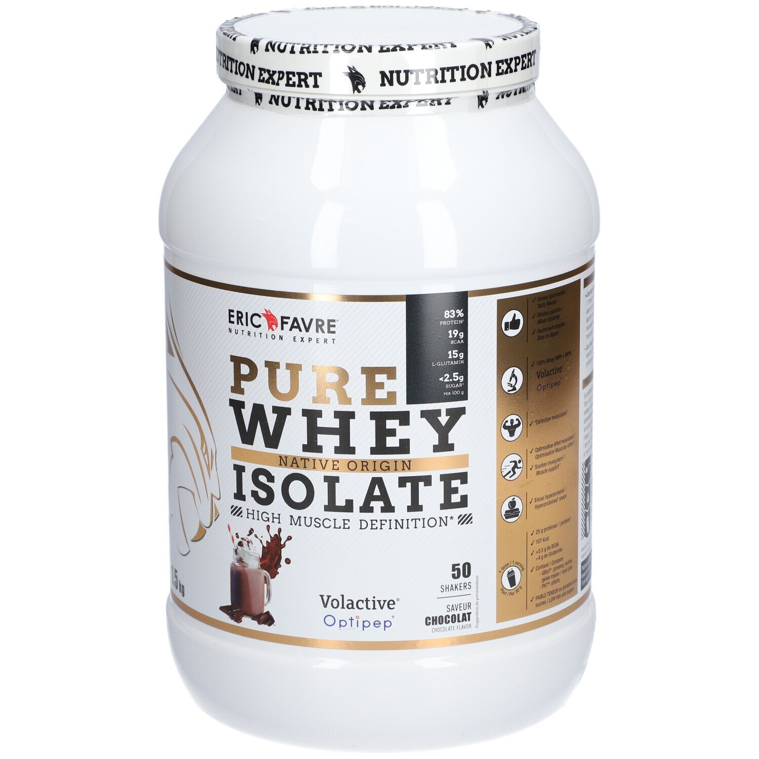 Pot de protéine isolat blanc. Inscriptions dorées et noires. "ERIC FAVRE" et "PURE WHEY ISOLATE" visibles. 1,5 kg.