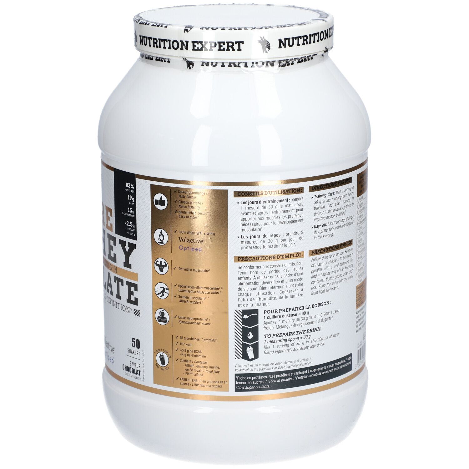 Dos du pot d'isolat protéique blanc. Inscriptions dorées et noires. Informations d'utilisation et informations nutritionnelles.