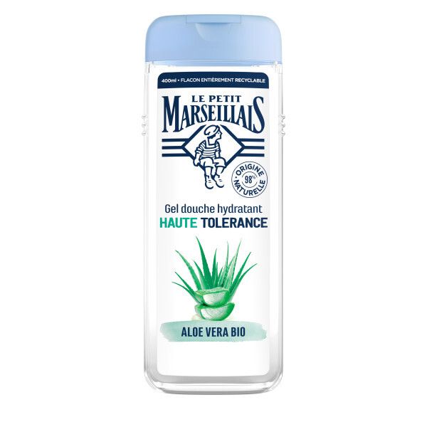 Le Petit Marseillais douchegel. Transparante fles met blauwe dop. Aloe Vera Bio logo en tekst.