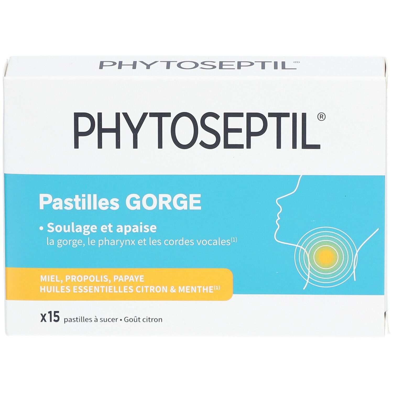 Boîte blanche PHYTOSEPTIL Pastilles GORGE. Nom et description visibles. Contient 15 pastilles. Saveur citron-menthe.