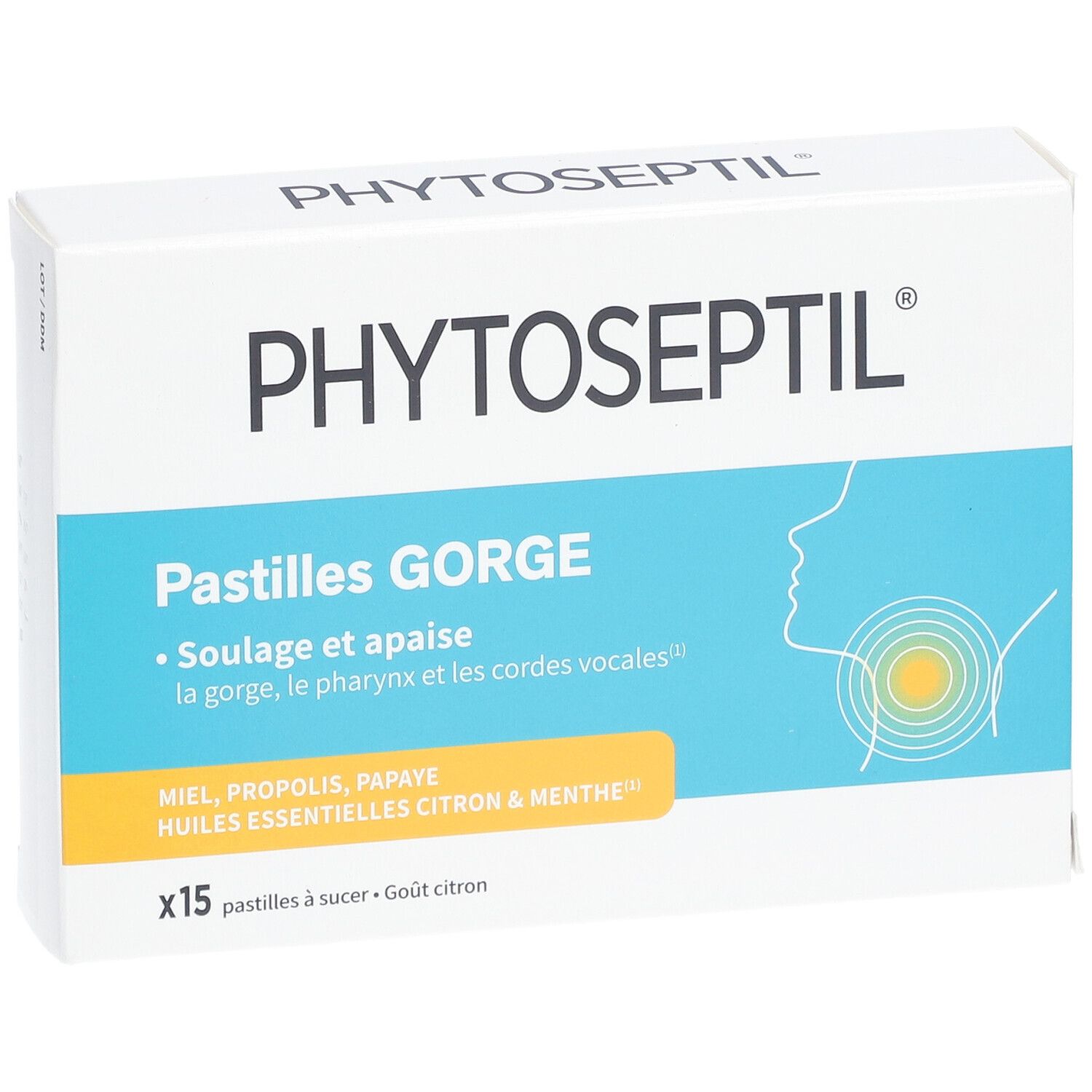 Boîte blanche PHYTOSEPTIL Pastilles GORGE. Nom et description visibles. Contient 15 pastilles. Saveur citron-menthe.