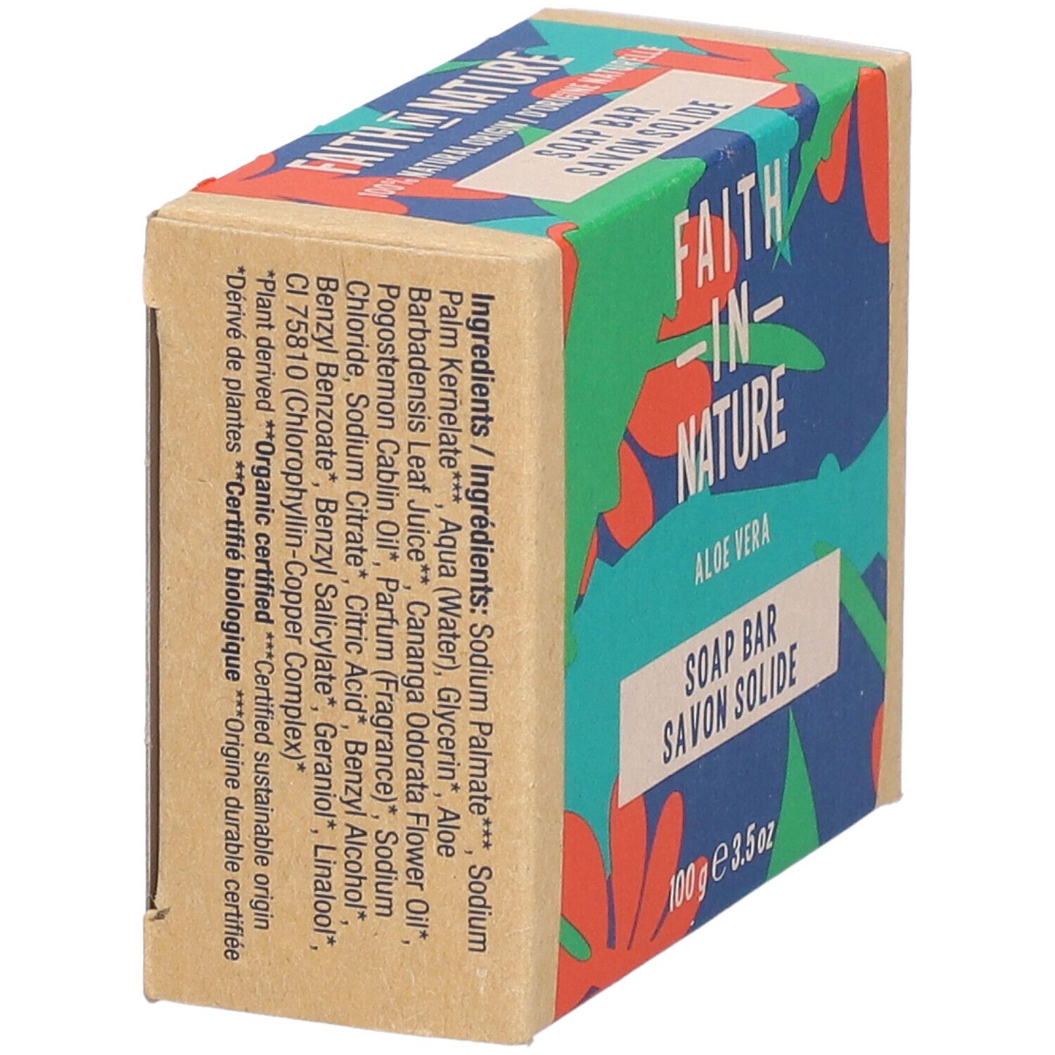 Kartonnen verpakking met ingrediëntenlijst. Opschrift: Faith in Nature, Aloe Vera, Soap Bar, Savon Solide. Certificeringen.