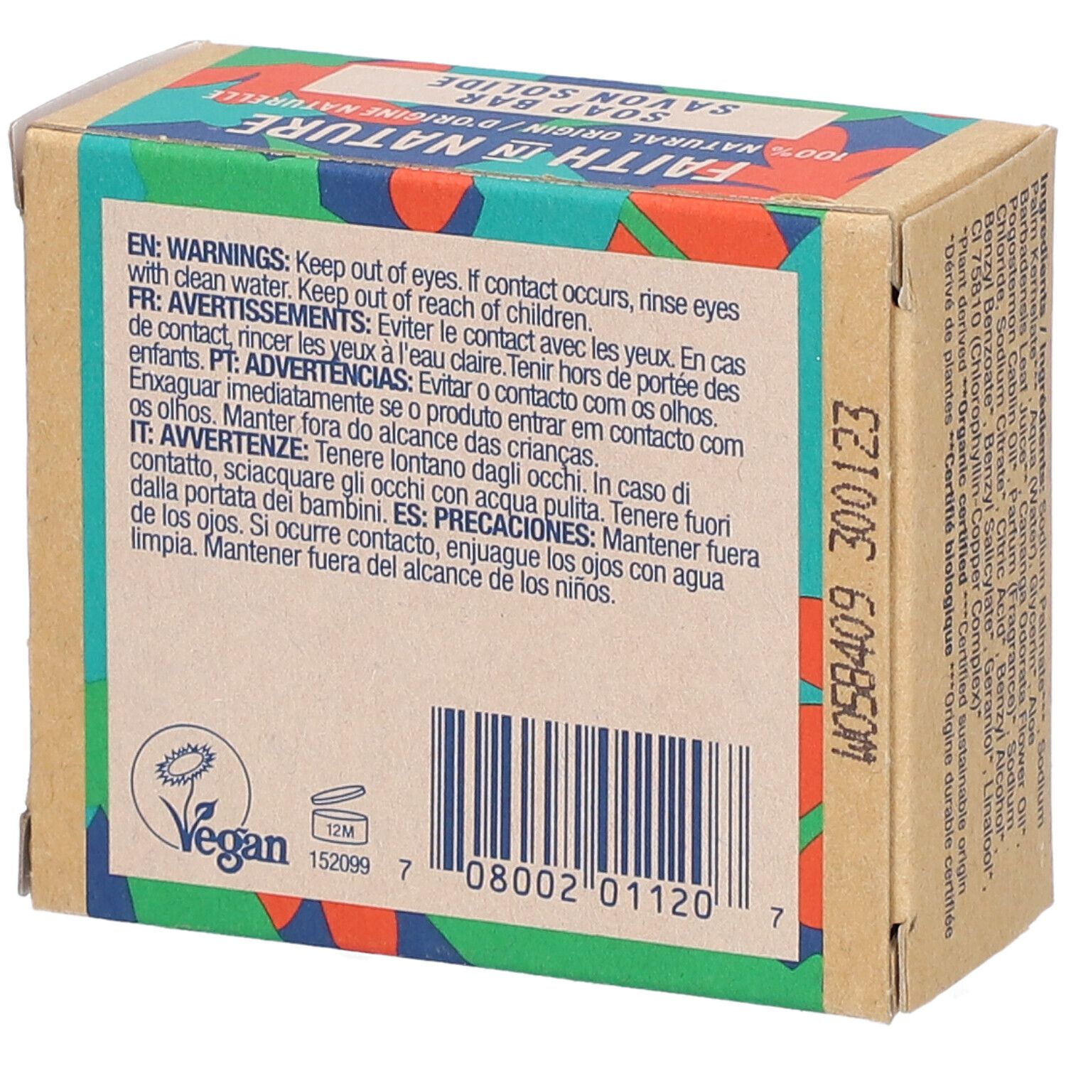 Kartonnen verpakking met meertalige waarschuwingen. Veganistisch logo. 12M-symbool. Streepjescode.