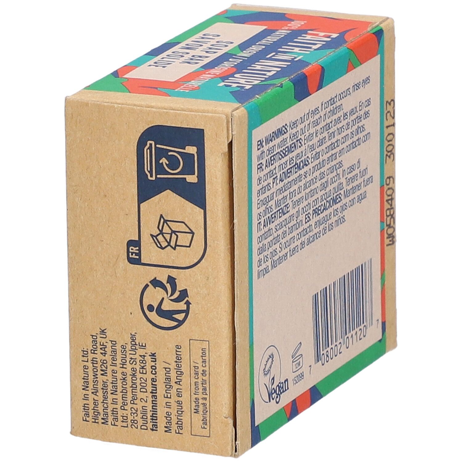 Kartonnen verpakking met recyclingsymbolen en fabrikantenadres. Veganistisch logo. Gemaakt in Engeland.