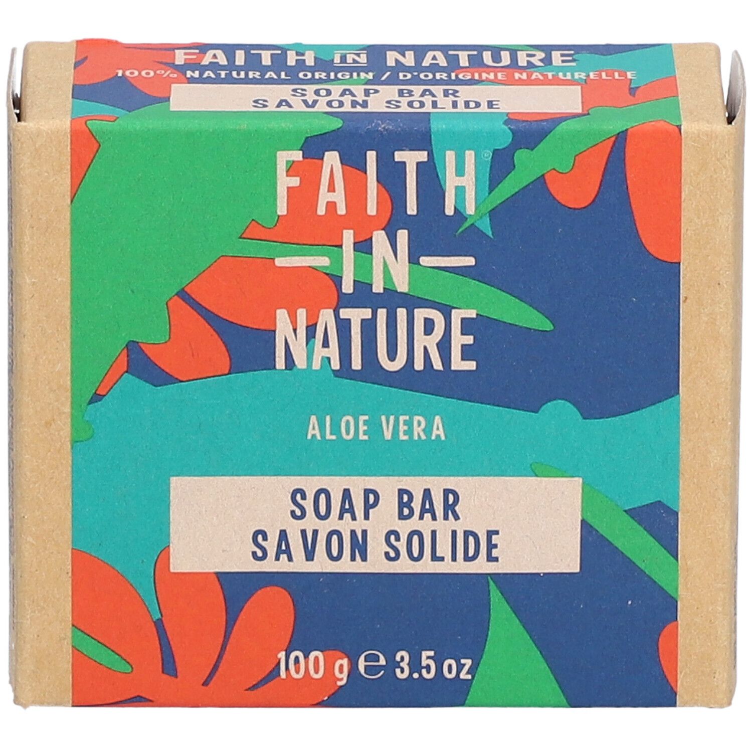 Bovenaanzicht van een kartonnen verpakking. Opschrift: Faith in Nature, Aloe Vera, Soap Bar, Savon Solide. 100g 3.5 oz.